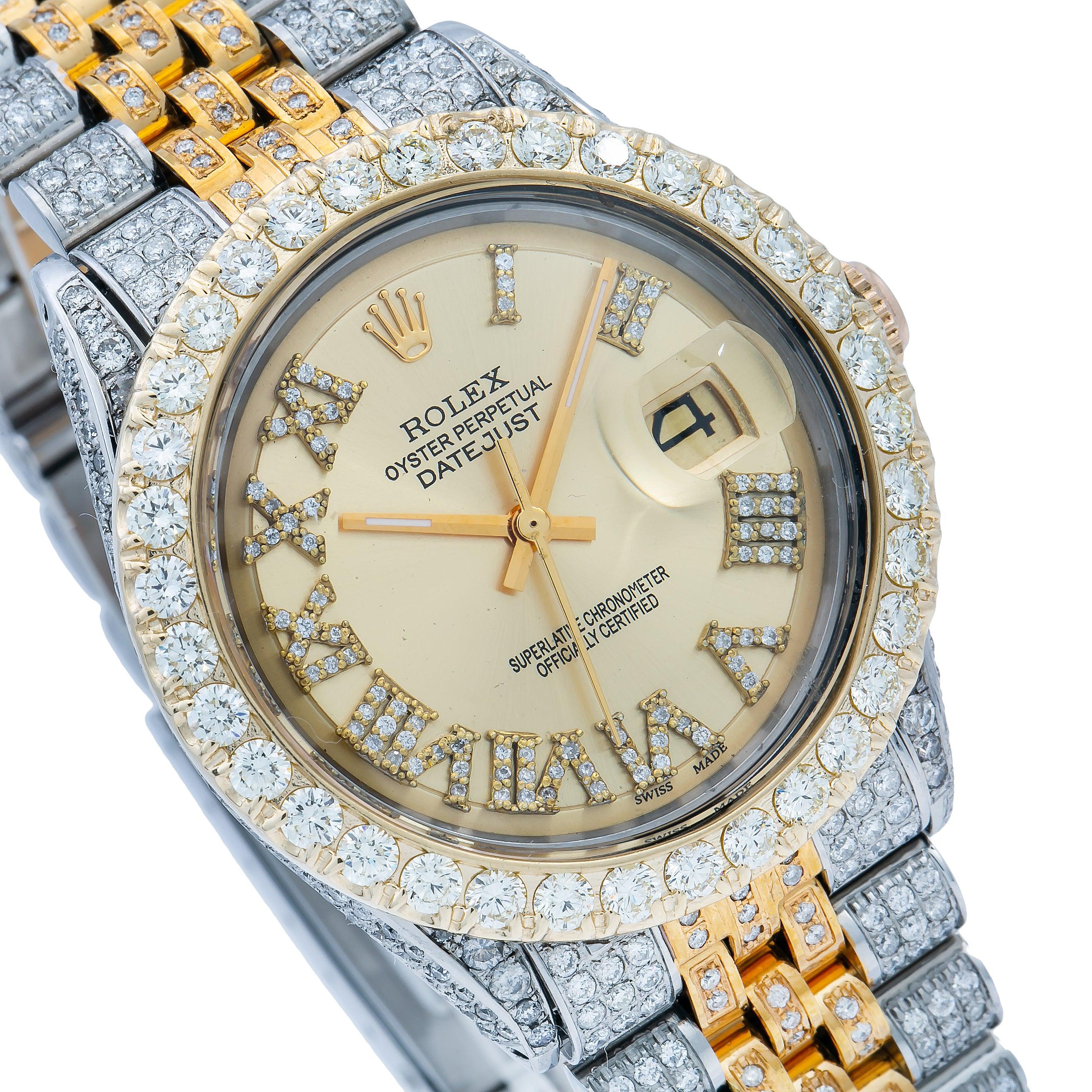 Rolex Datejust 36MM 1601 Champagne Roman Dial Diamond Bezel Two Tone Full Diamond Jubilee Bracelet 8.25ct