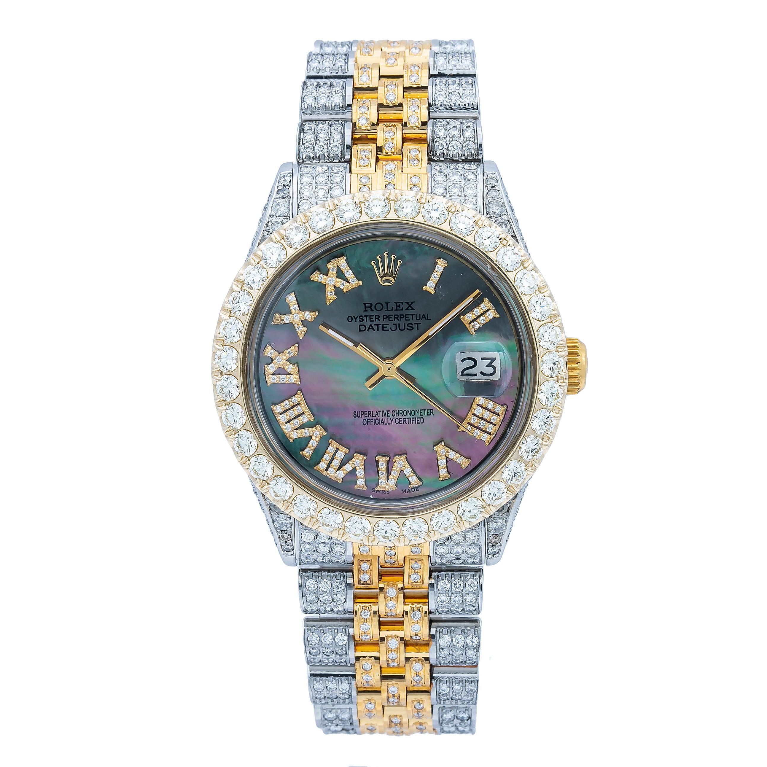 Rolex Datejust 36MM 1601 Black Mother of Pearl Roman Dial Diamond Bezel Two Tone Full Diamond Jubilee Bracelet 8.25ct