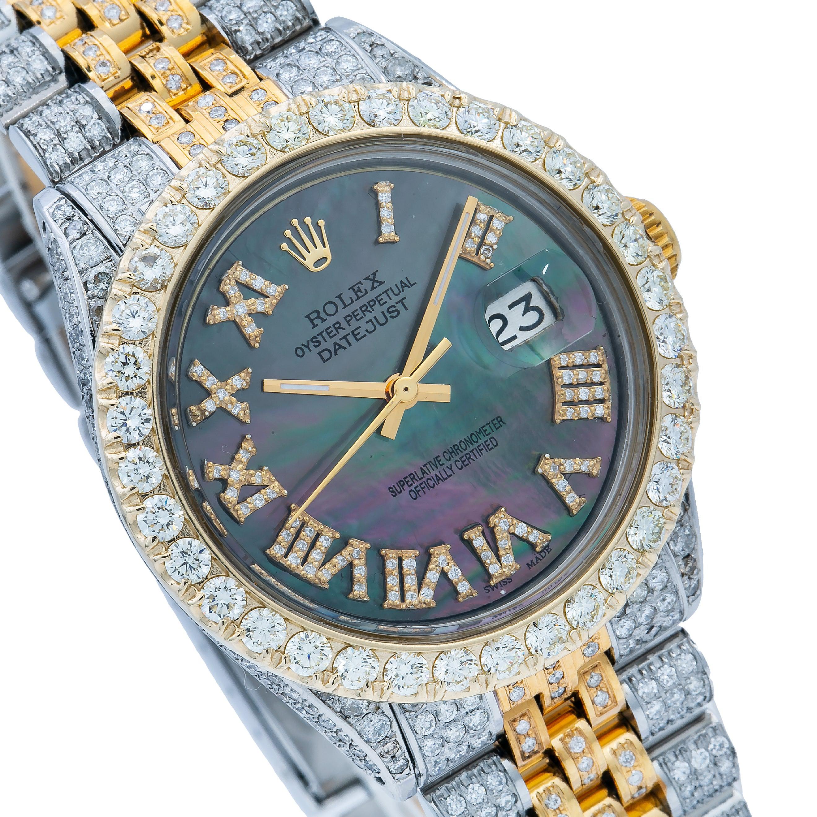 Rolex Datejust 36MM 1601 Black Mother of Pearl Roman Diamond Dial Diamond Bezel Two Tone Yellow Gold Full Diamond Jubilee Bracelet 8.25ct