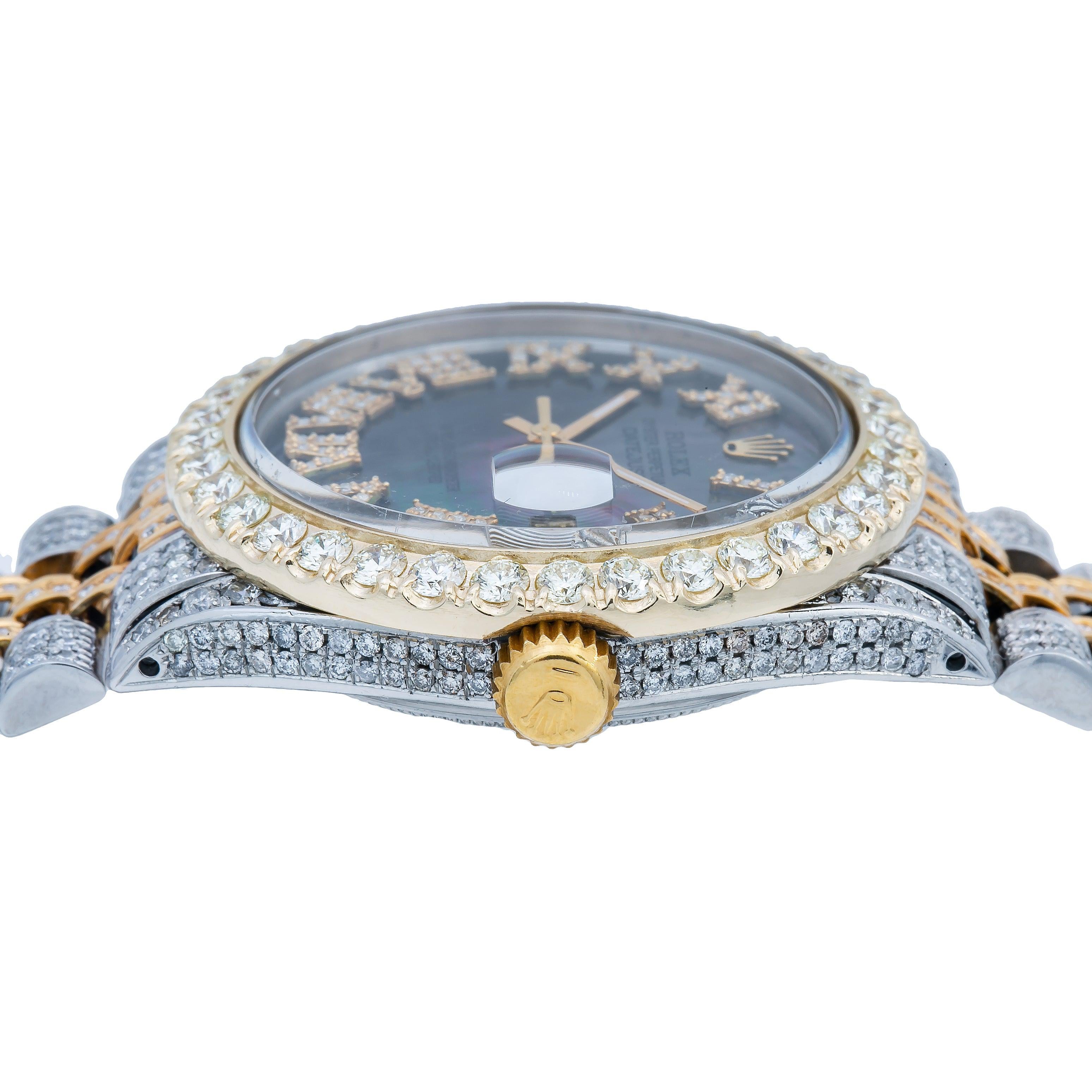 Rolex Datejust 36MM 1601 Black Mother of Pearl Roman Diamond Dial Diamond Bezel Two Tone Yellow Gold Full Diamond Jubilee Bracelet 8.25ct