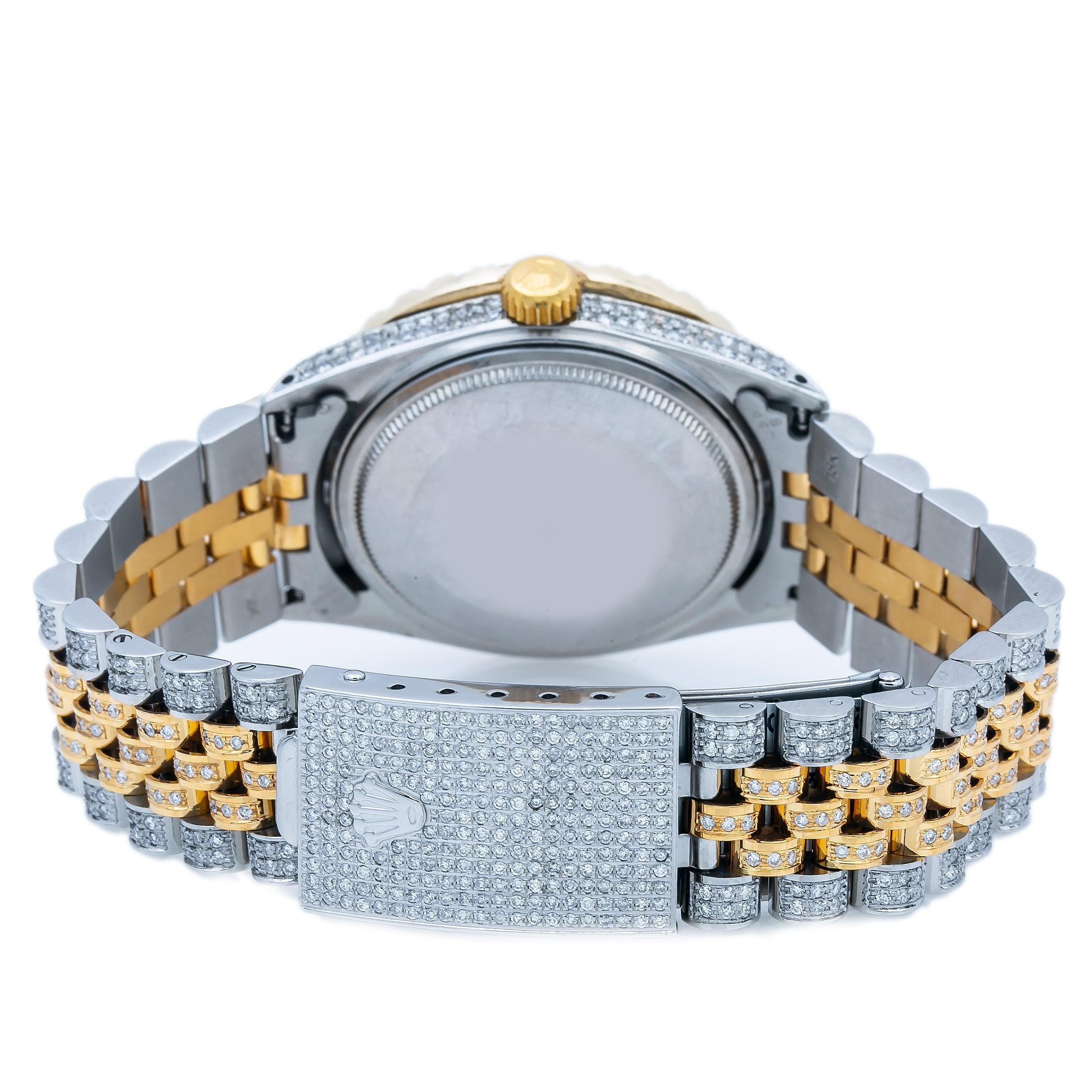 Rolex Datejust 36MM 1601 Black Mother of Pearl Roman Diamond Dial Diamond Bezel Two Tone Yellow Gold Full Diamond Jubilee Bracelet 8.25ct