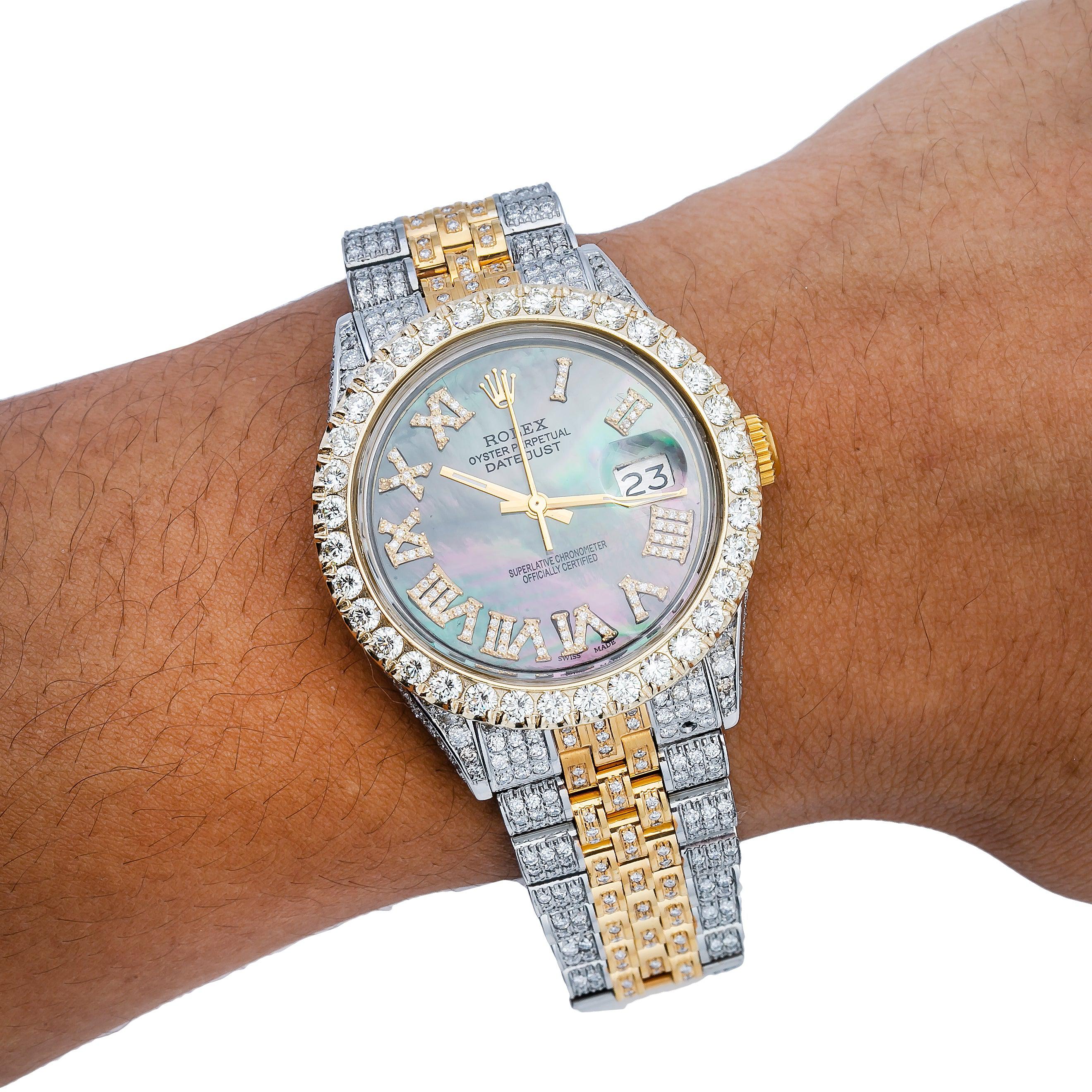 Rolex Datejust 36MM 1601 Black Mother of Pearl Roman Diamond Dial Diamond Bezel Two Tone Yellow Gold Full Diamond Jubilee Bracelet 8.25ct