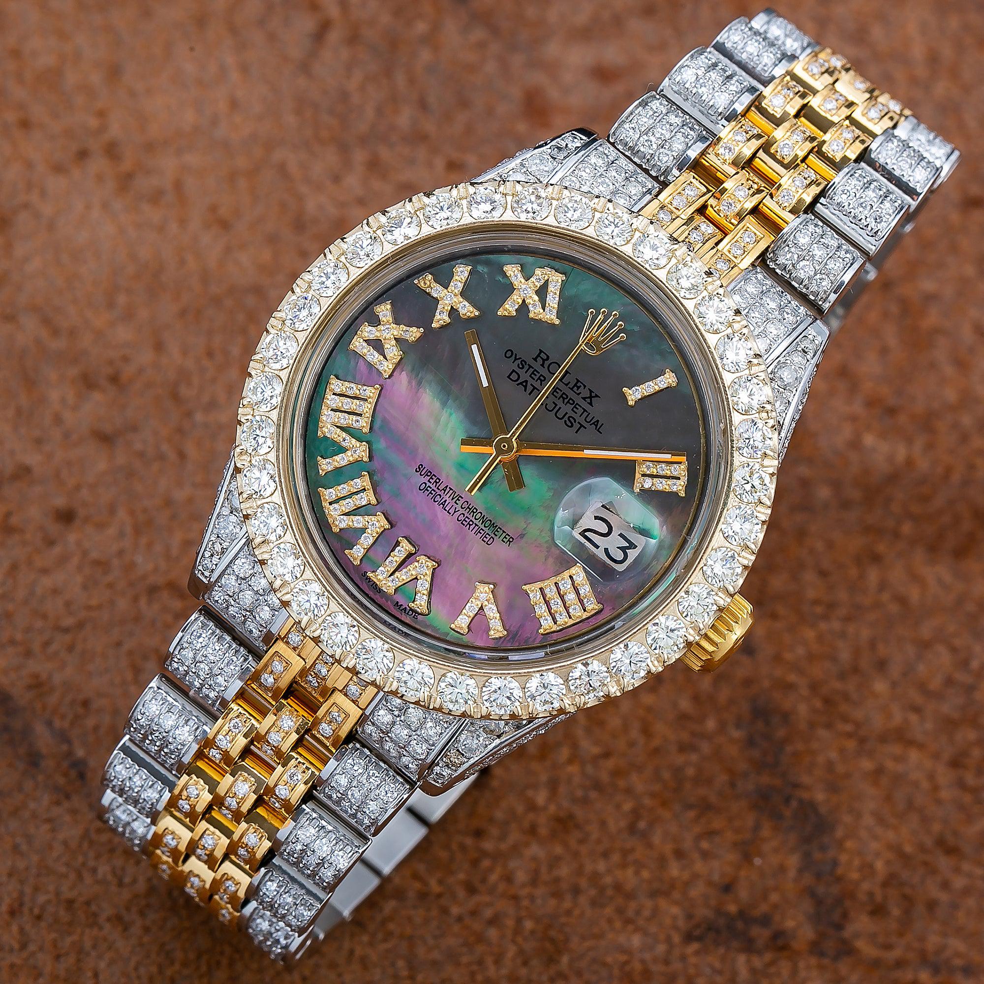 Rolex Datejust 36MM 1601 Black Mother of Pearl Roman Diamond Dial Diamond Bezel Two Tone Yellow Gold Full Diamond Jubilee Bracelet 8.25ct