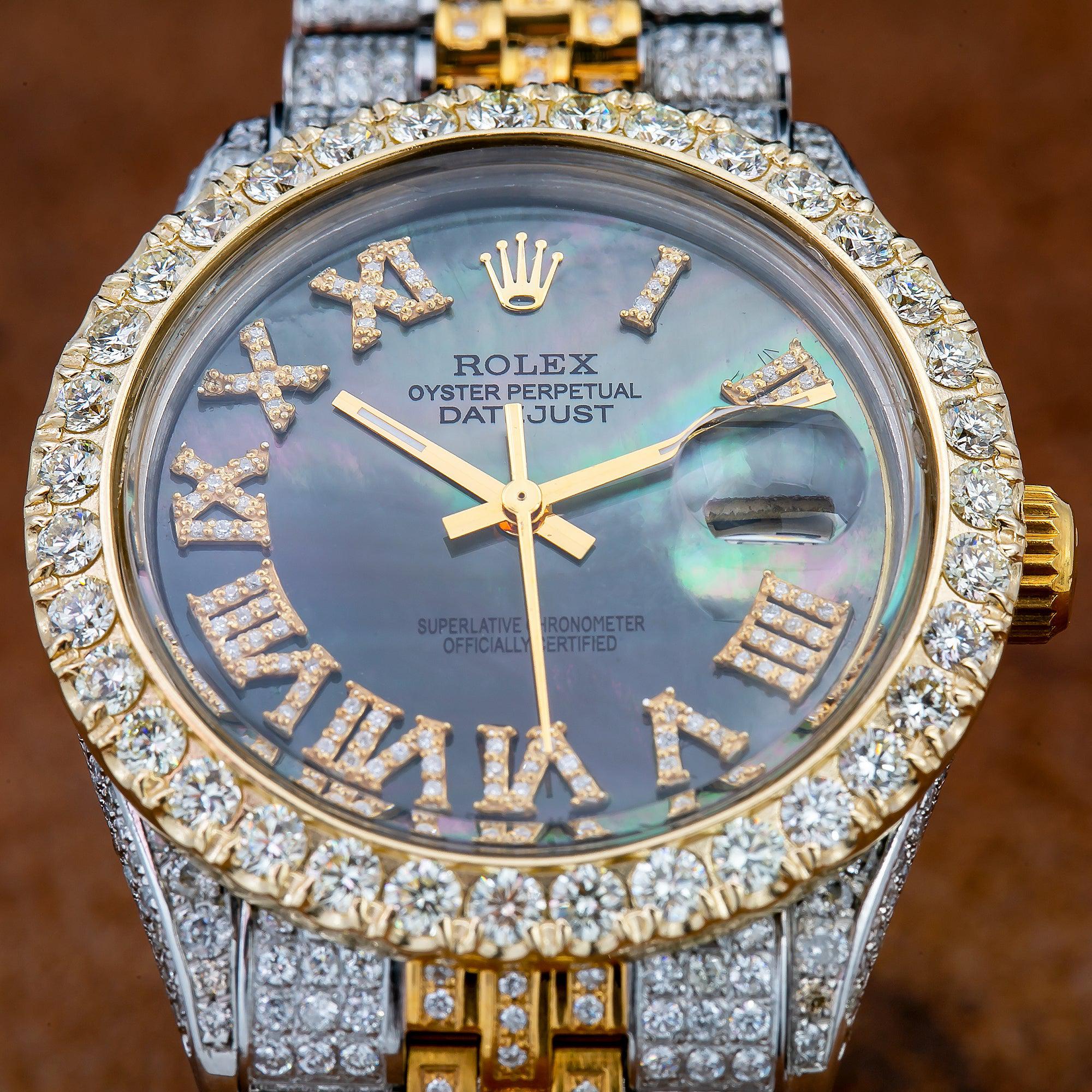 Rolex Datejust 36MM 1601 Black Mother of Pearl Roman Diamond Dial Diamond Bezel Two Tone Yellow Gold Full Diamond Jubilee Bracelet 8.25ct