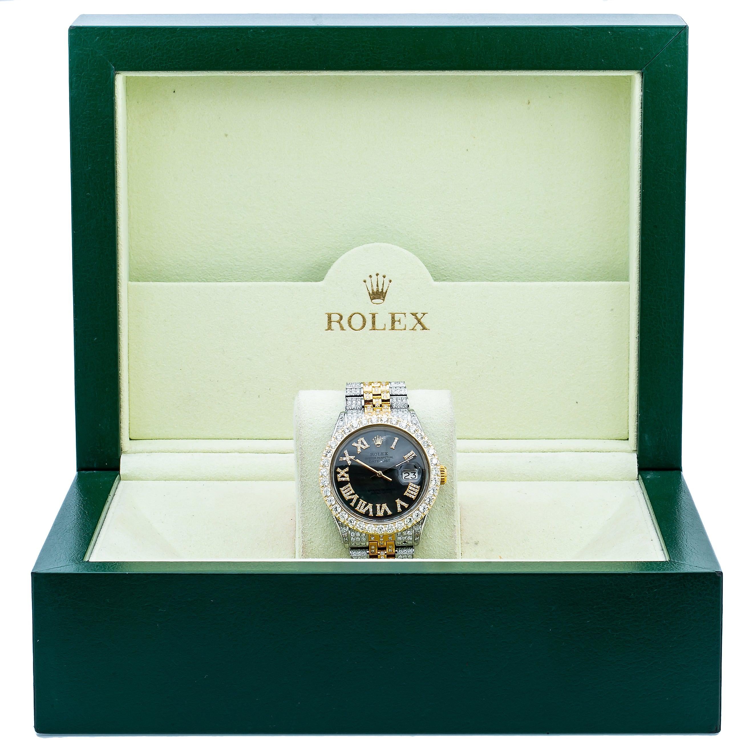 Rolex Datejust 36MM 1601 Black Mother of Pearl Roman Diamond Dial Diamond Bezel Two Tone Yellow Gold Full Diamond Jubilee Bracelet 8.25ct