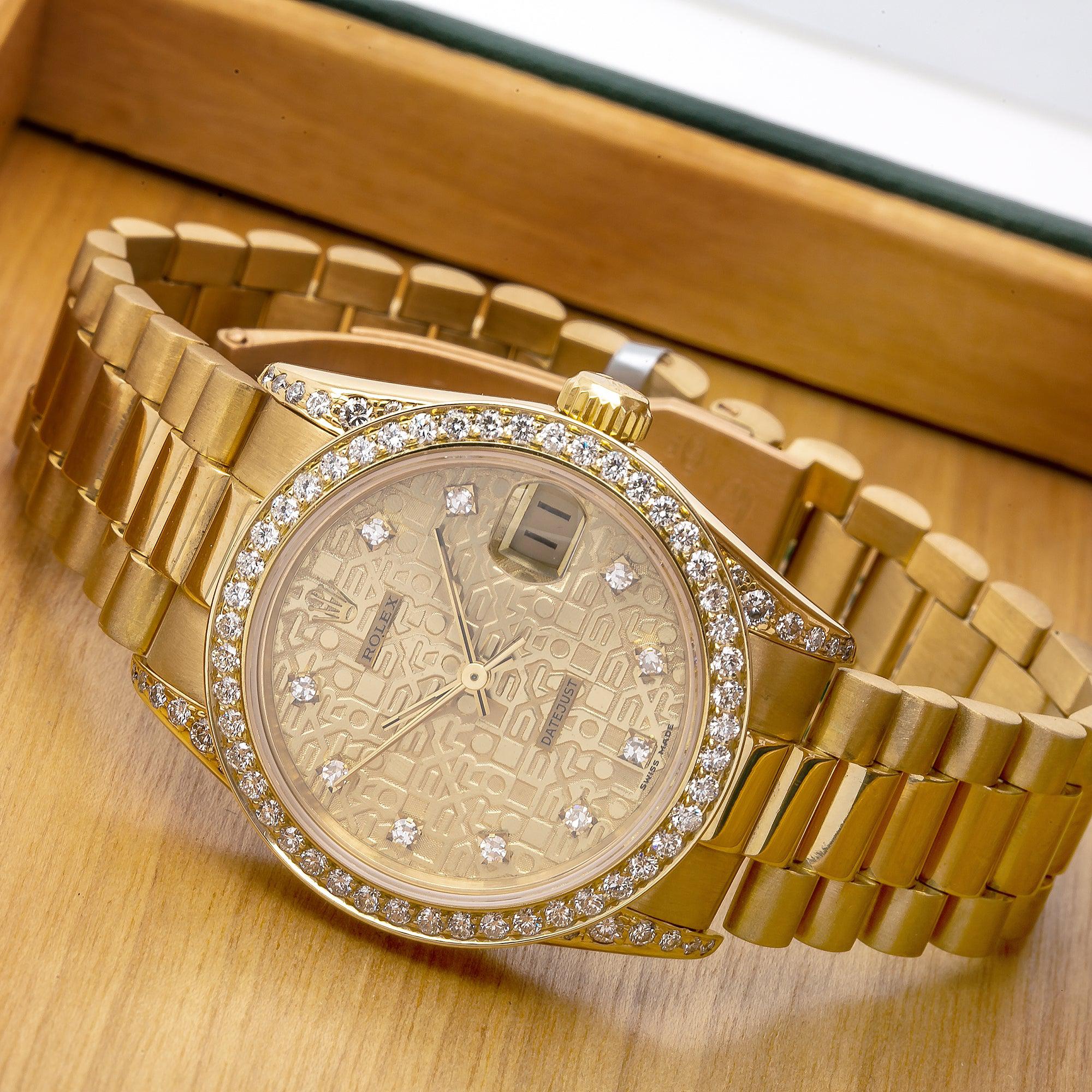 Rolex Datejust 31MM 68278 Champagne Pattern Diamond Dial Diamond Bezel 18K Yellow Gold President Bracelet