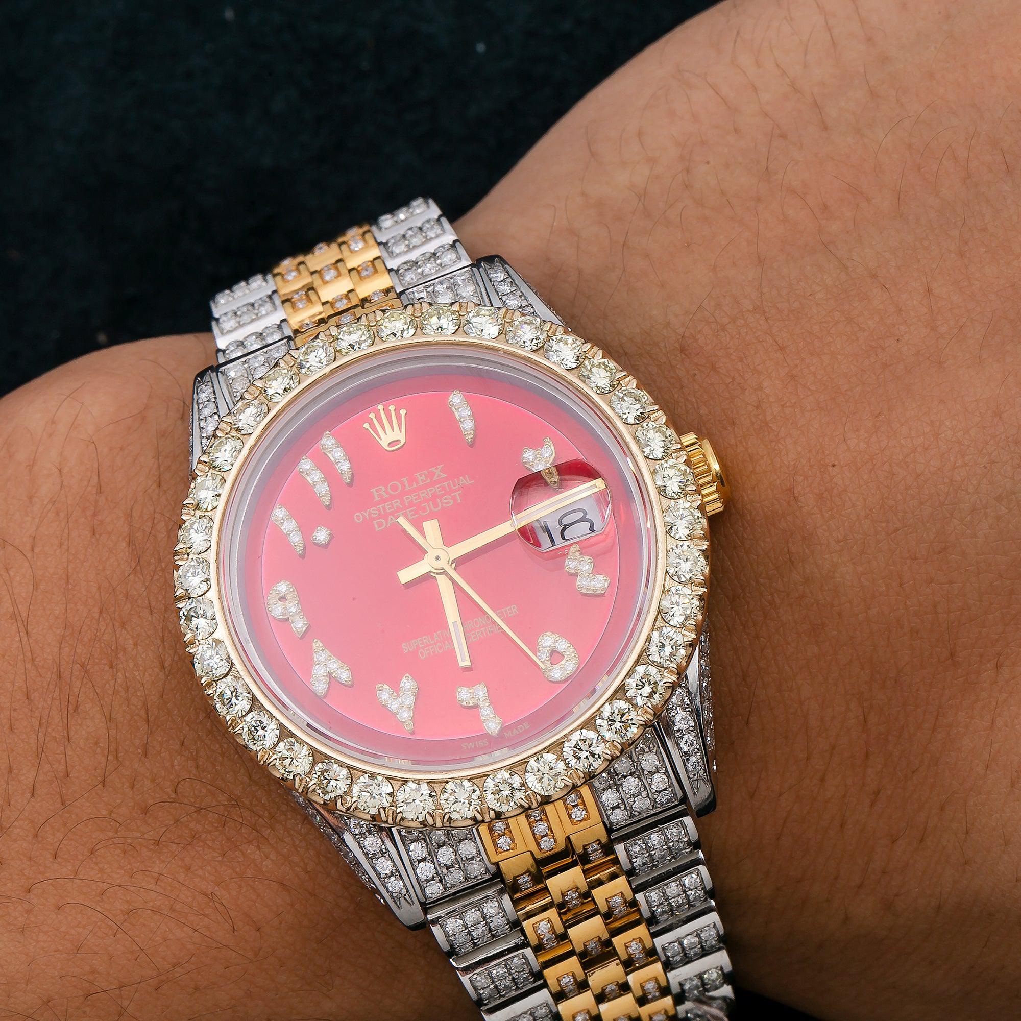 Rolex Datejust 36MM 1601 Red Eastern Arabic Diamond Dial Diamond Bezel Two Tone Yellow Gold Full Diamond Jubilee Bracelet 8.75ct