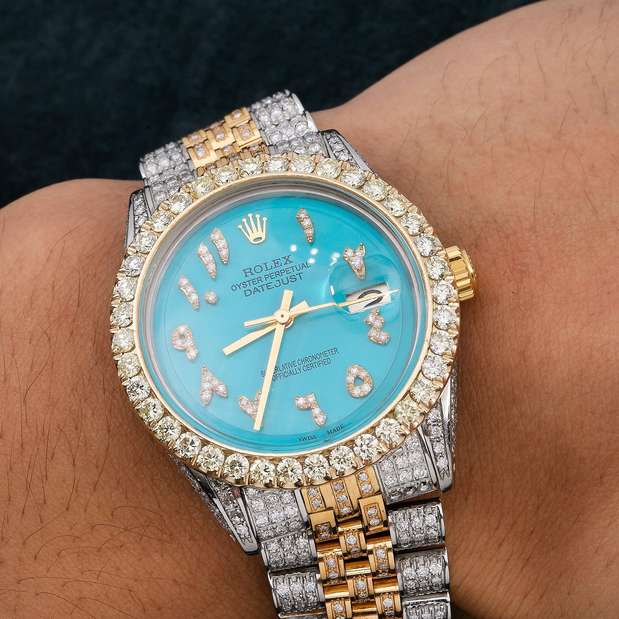 Rolex Datejust 36MM 1601 Blue Eastern Arabic Diamond Dial Diamond Bezel Two Tone Yellow Gold Full Diamond Jubilee Bracelet 8.75ct