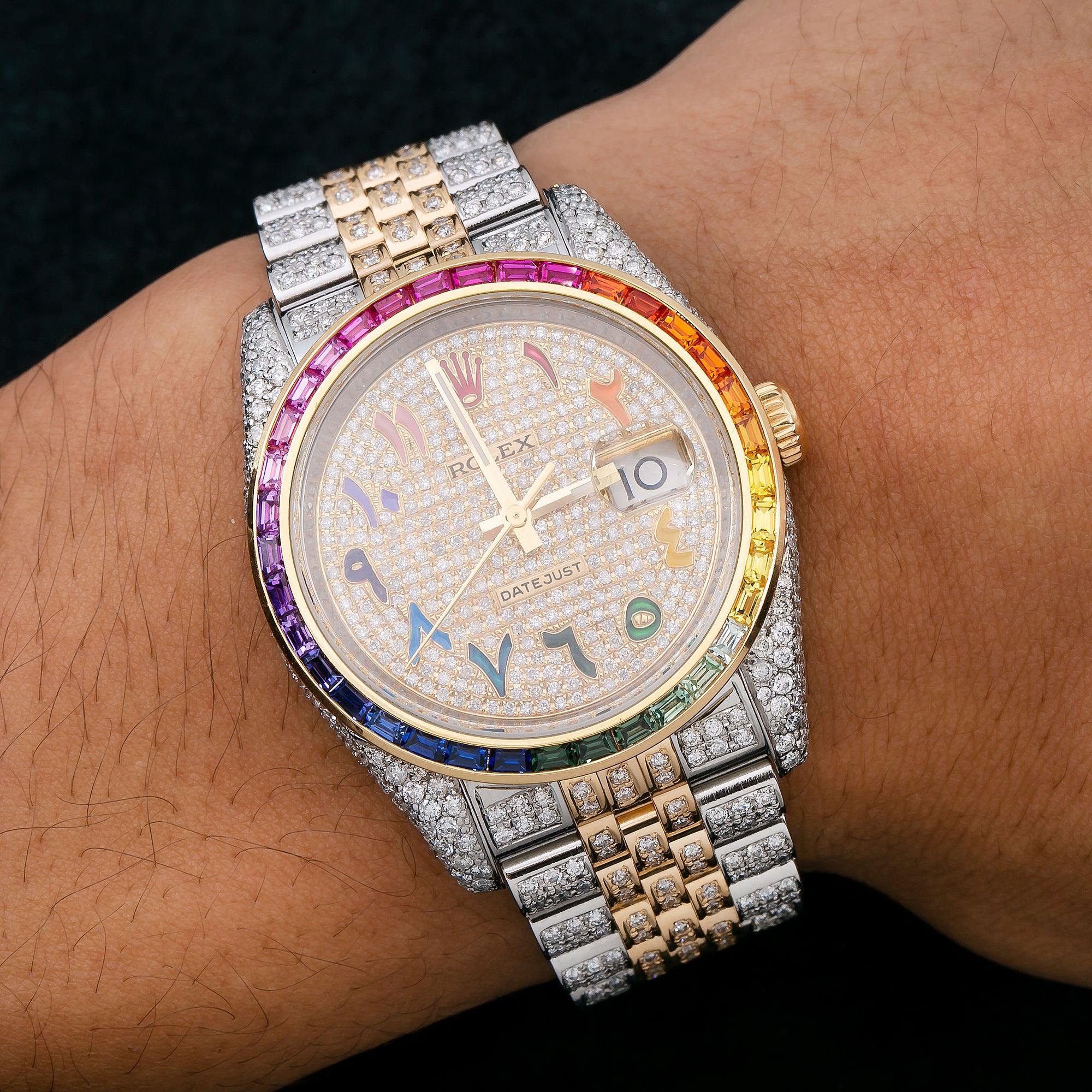 Rolex Datejust 36MM 116233 Diamond Paved Rainbow Eastern Arabic Dial Rainbow Gemstone Bezel Two Tone Yellow Gold Full Diamond Jubilee Bracelet 11.25ct