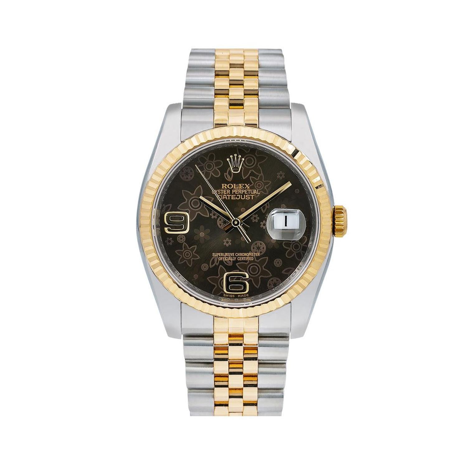 Rolex Datejust 36MM 116233 Brown Floral Arabic Dial Yellow Gold Fluted Bezel Two Tone Jubilee Bracelet