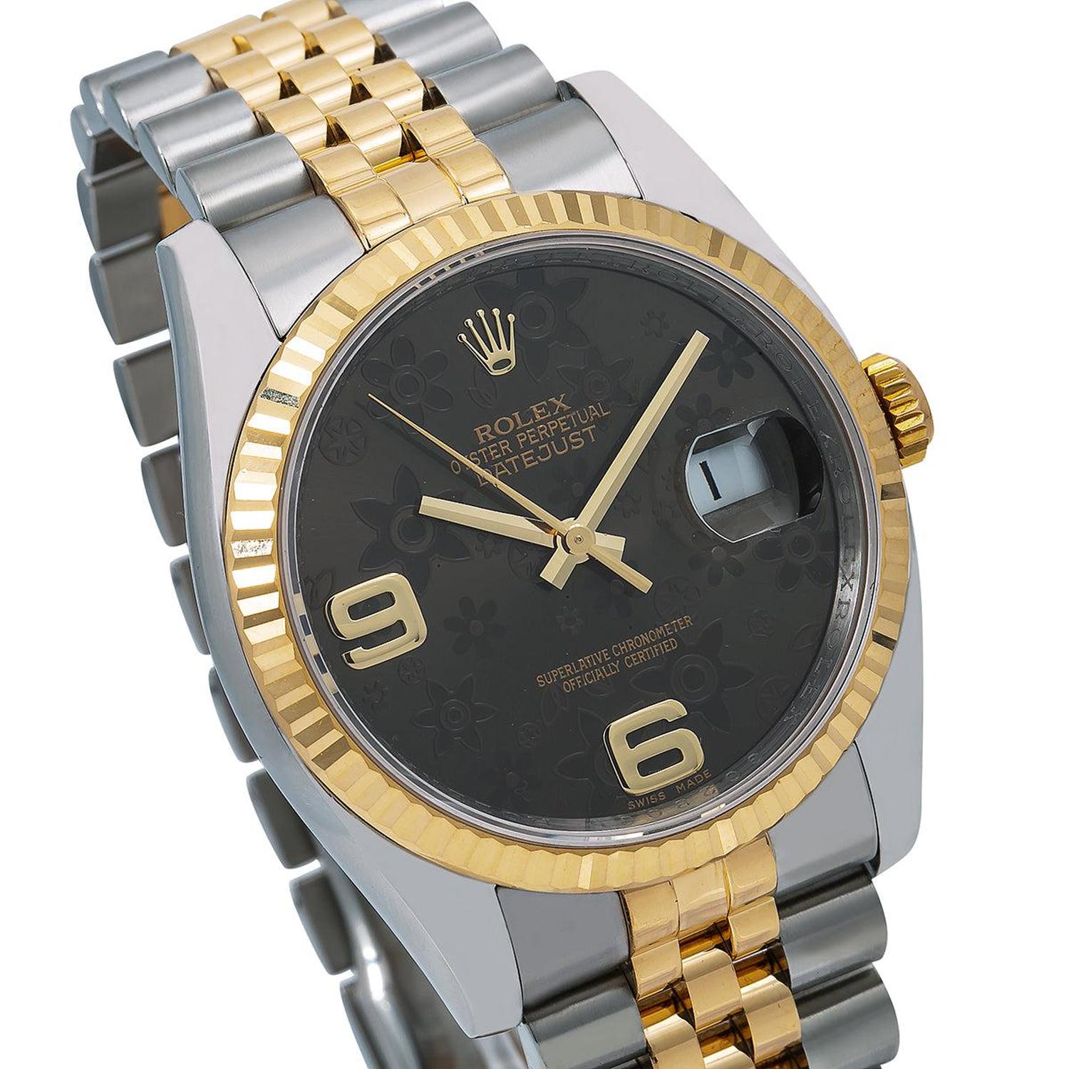 Rolex Datejust 36MM 116233 Brown Floral Arabic Dial Fluted Bezel Two Tone Yellow Gold Jubilee Bracelet