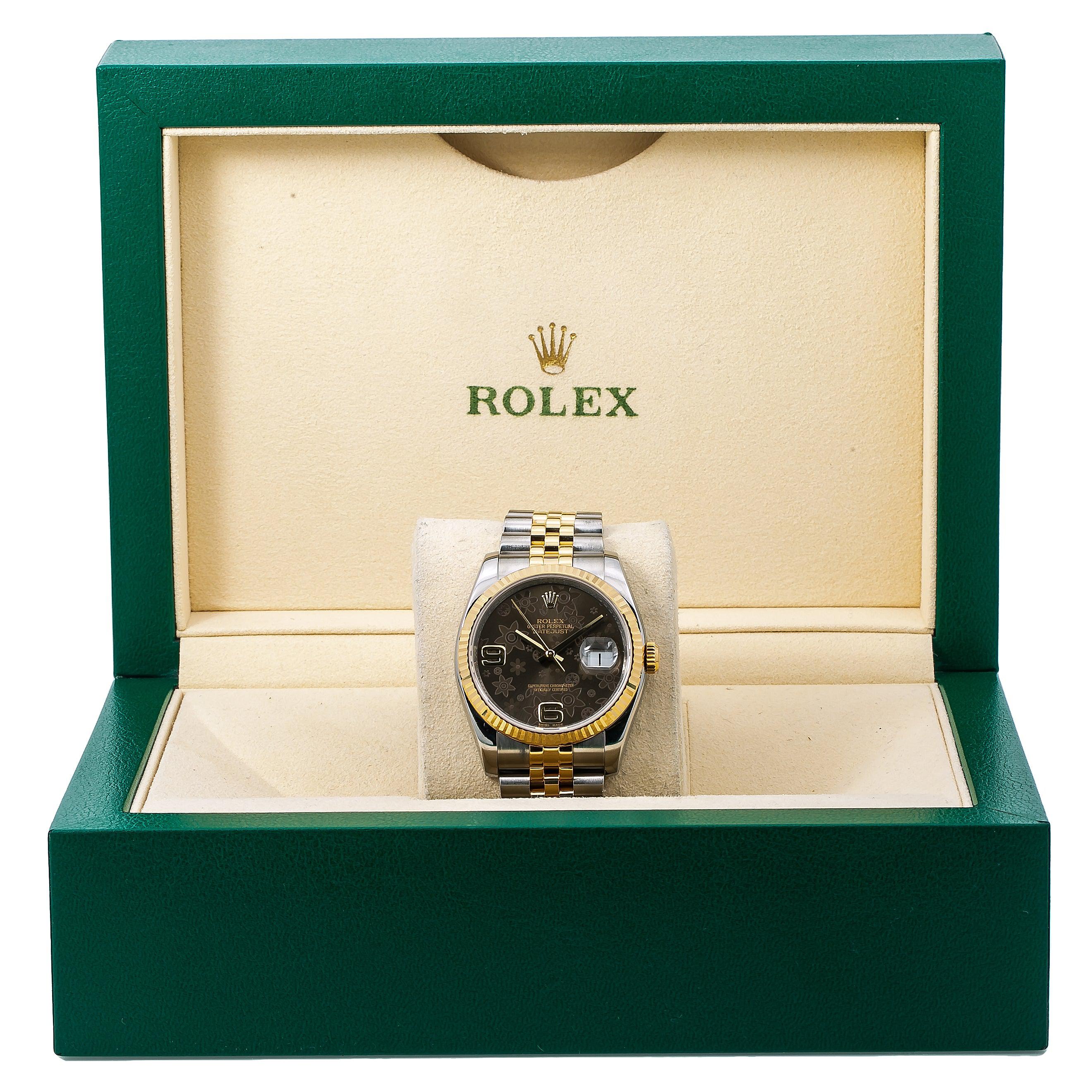 Rolex Datejust 36MM 116233 Brown Floral Arabic Dial Fluted Bezel Two Tone Yellow Gold Jubilee Bracelet