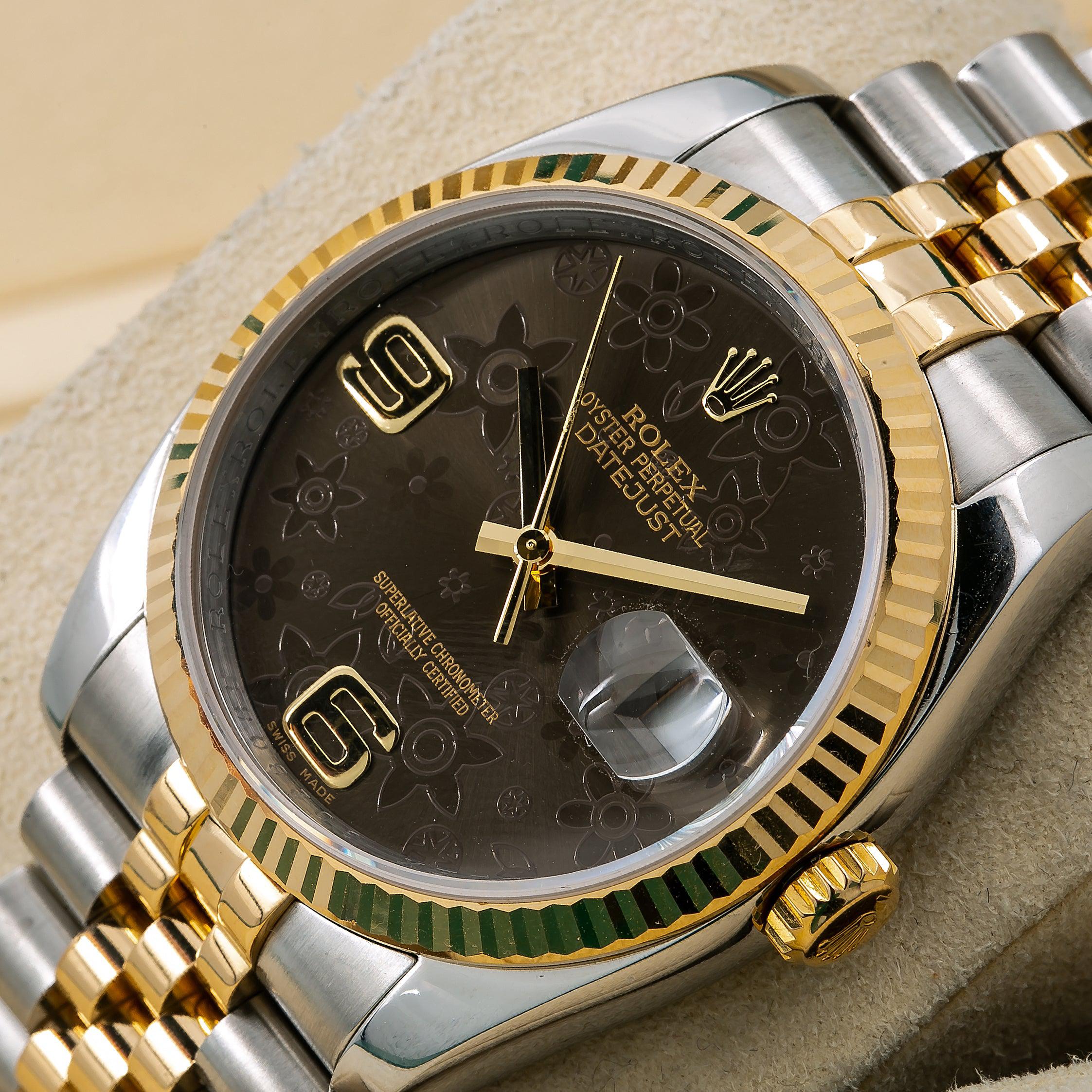 Rolex Datejust 36MM 116233 Brown Floral Arabic Dial Fluted Bezel Two Tone Yellow Gold Jubilee Bracelet