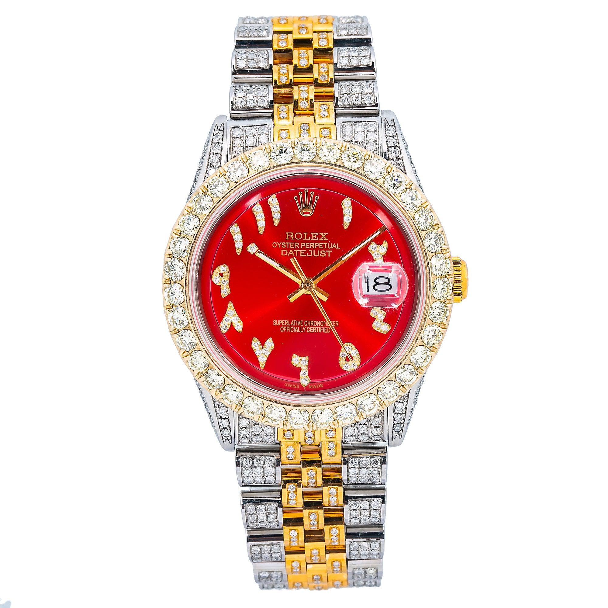 Rolex Datejust 36MM 1601 Red Eastern Arabic Dial Diamond Bezel Two Tone Full Diamond Jubilee Bracelet 8.75ct