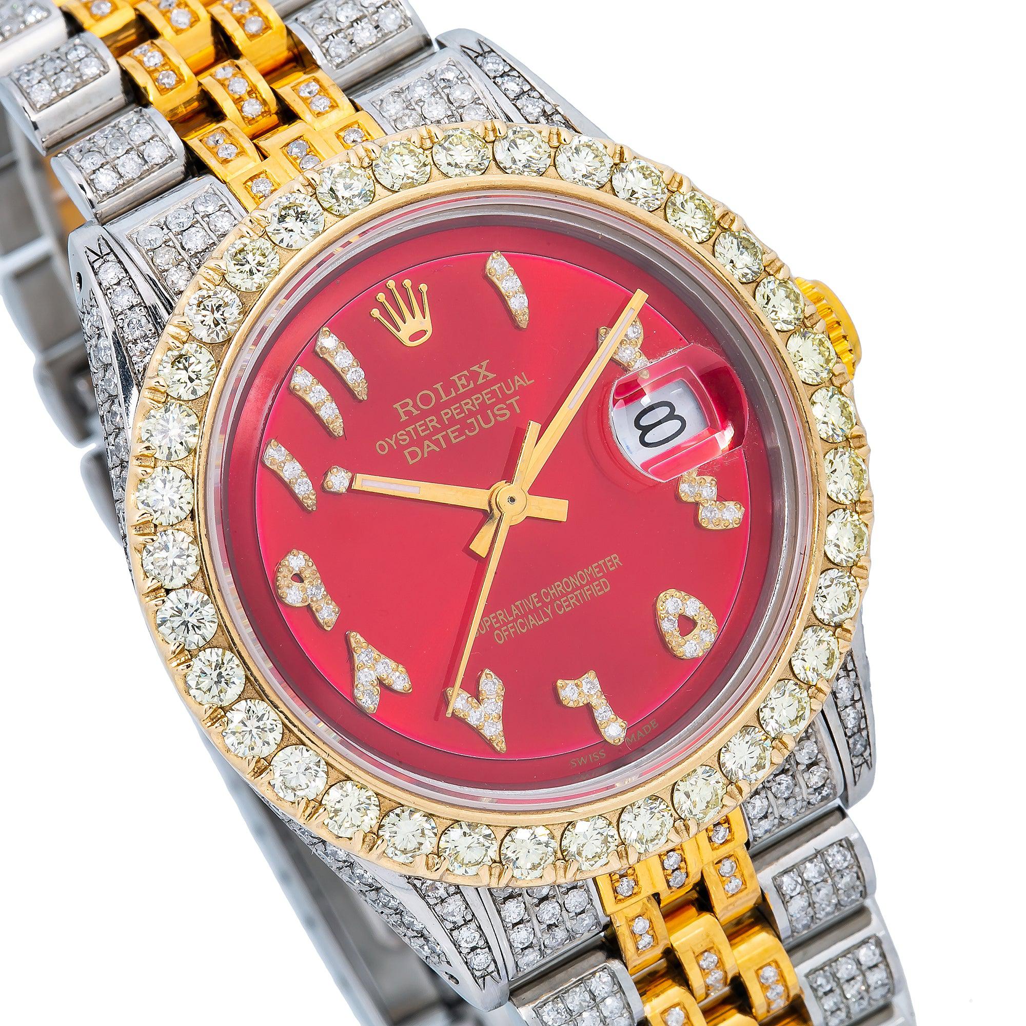 Rolex Datejust 36MM 1601 Red Eastern Arabic Diamond Dial Diamond Bezel Two Tone Yellow Gold Full Diamond Jubilee Bracelet 8.75ct