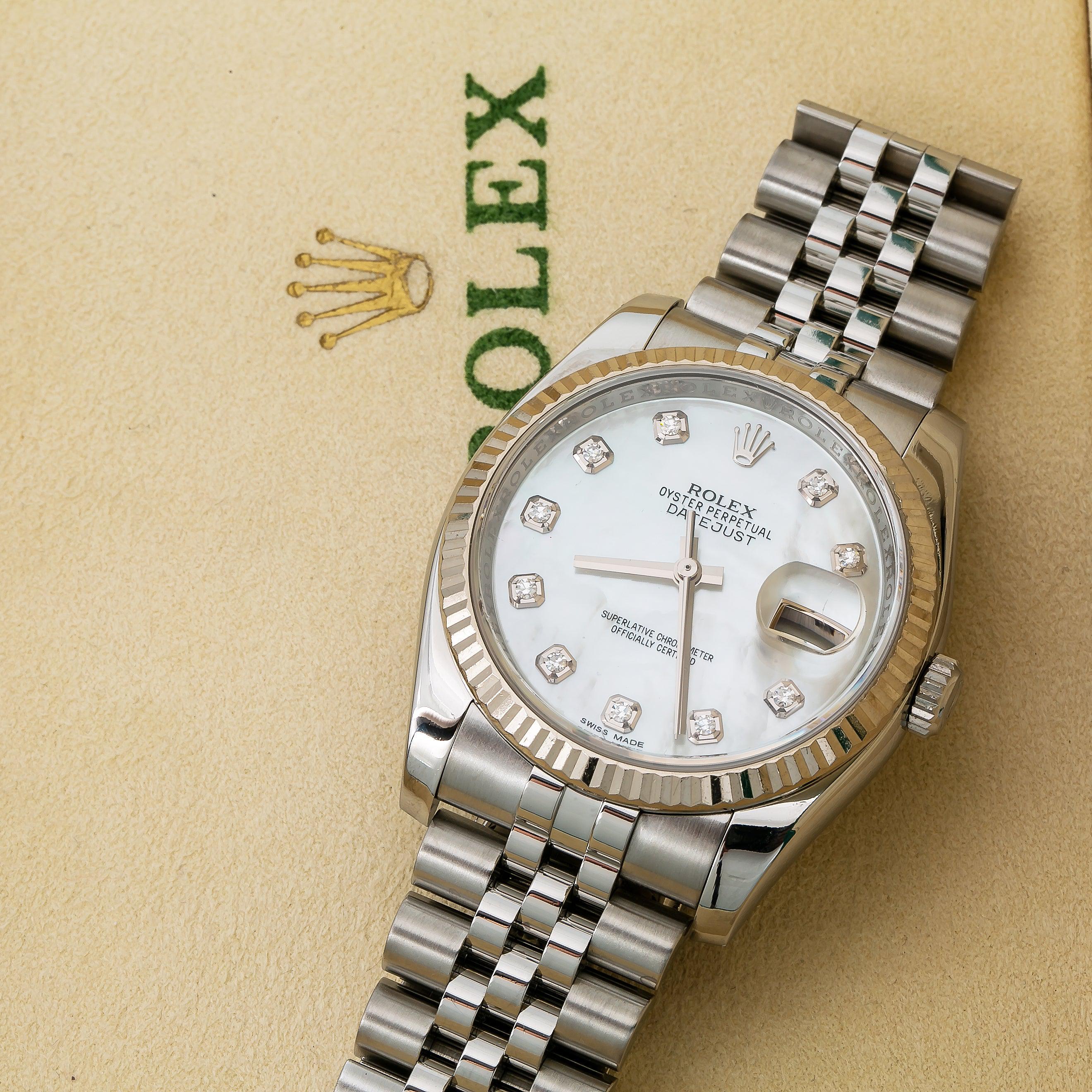 Rolex Datejust 36MM 116234 White Mother of Pearl Diamond Dial Fluted Bezel Stainless Steel Jubilee Bracelet