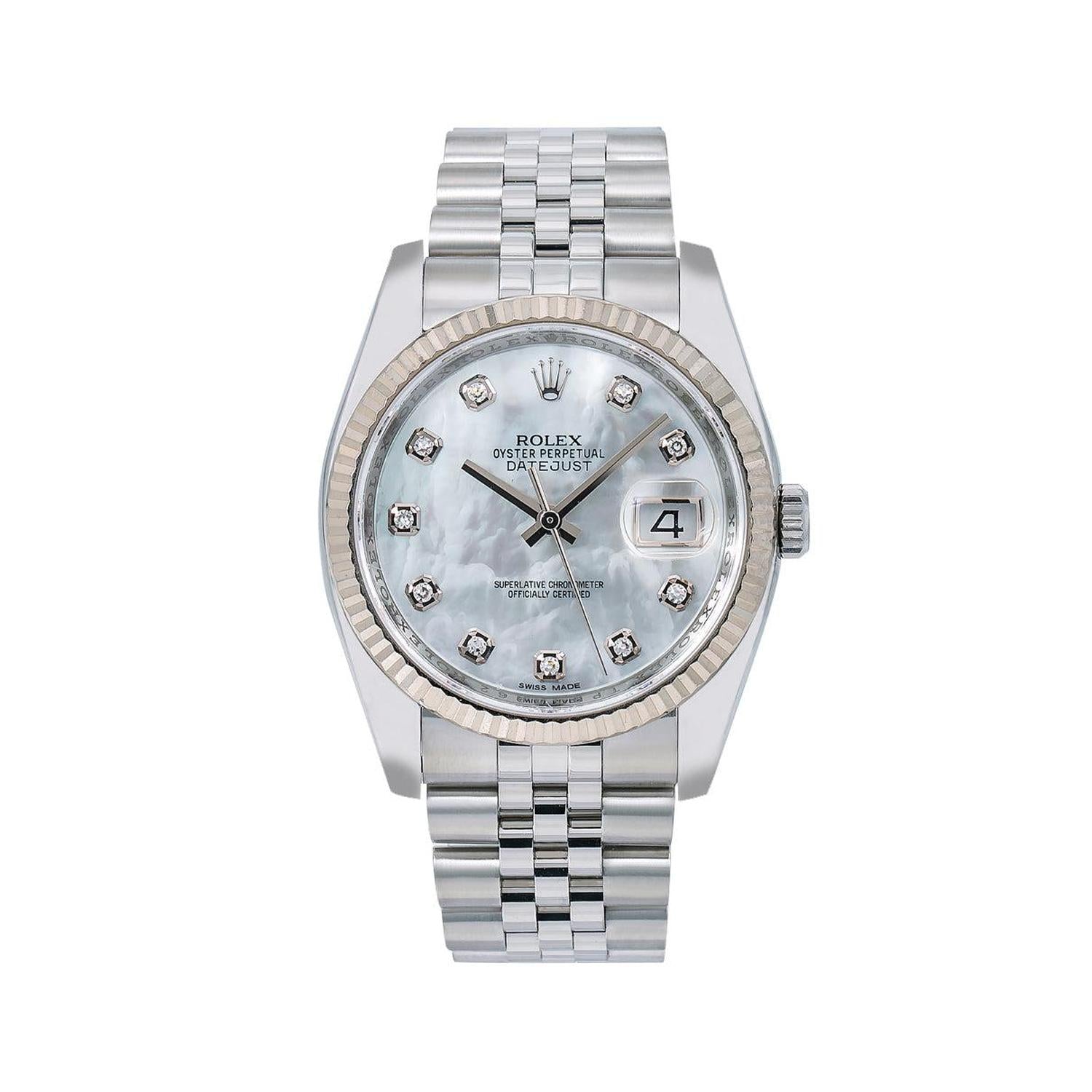 Rolex Datejust 36MM 116234 Mother of Pearl Diamond Dial White Gold Fluted Bezel Stainless Steel Jubilee Bracelet