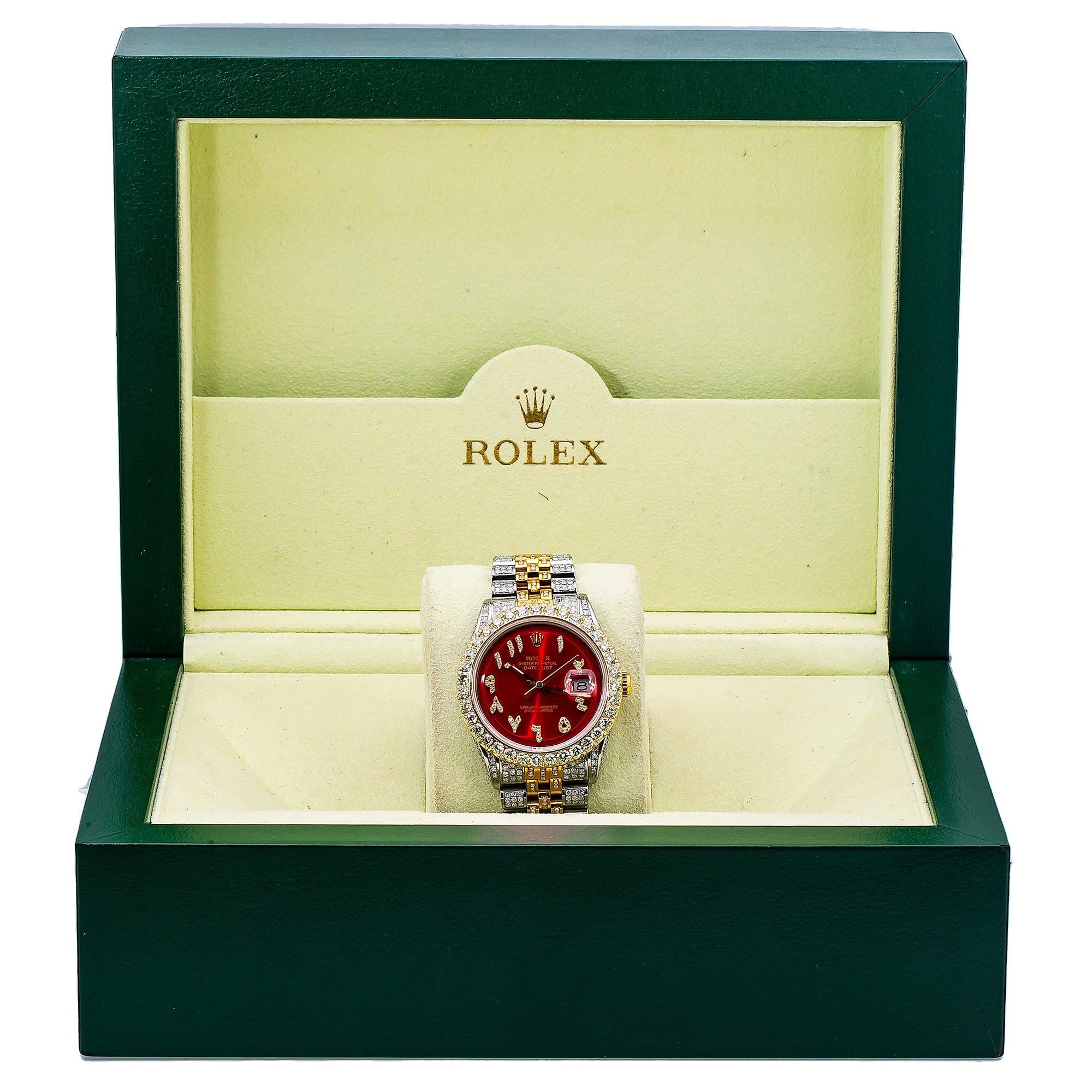 Rolex Datejust 36MM 1601 Red Eastern Arabic Diamond Dial Diamond Bezel Two Tone Yellow Gold Full Diamond Jubilee Bracelet 8.75ct