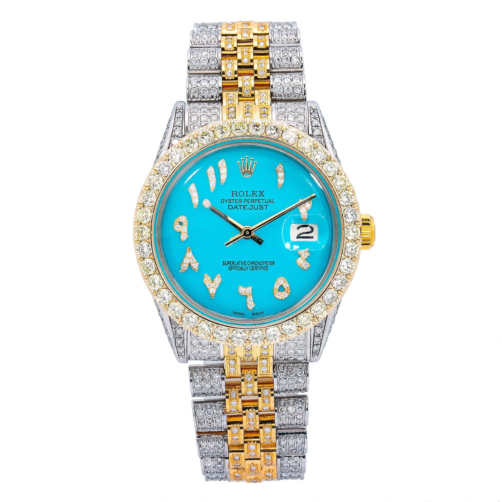 Rolex Datejust 36MM 1601 Turquoise Eastern Arabic Dial Diamond Bezel Two Tone Full Diamond Jubilee Bracelet 8.75ct