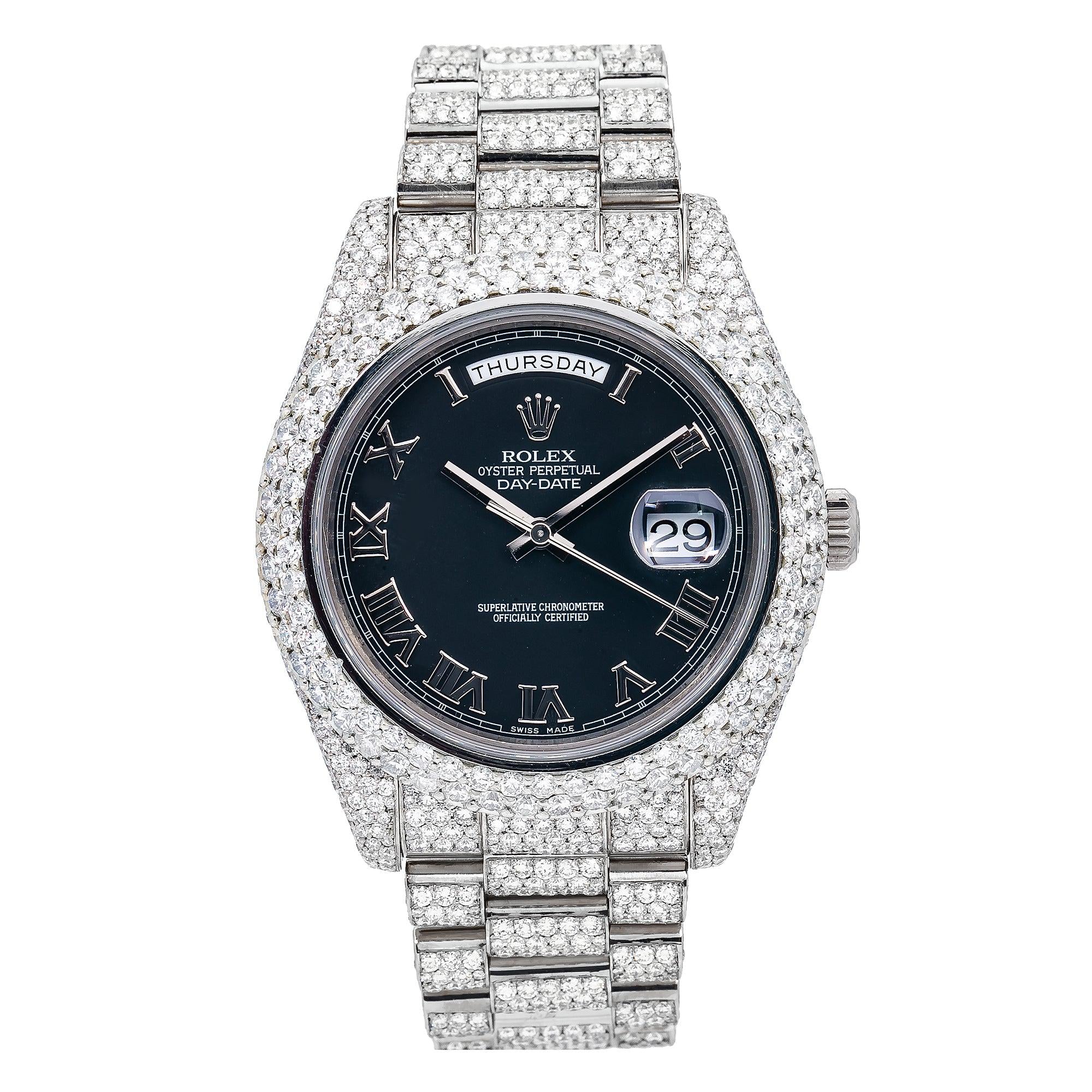 Rolex Day-Date II 41MM 218239 Black Roman Dial Diamond Bezel 18K
