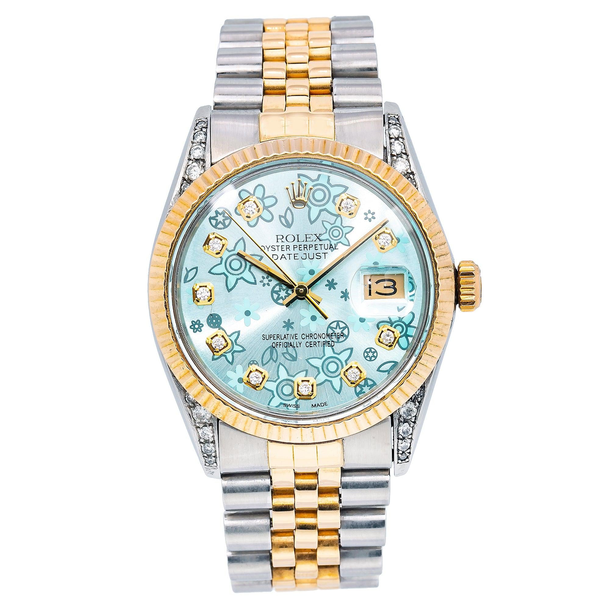 Rolex Datejust 36MM 1601 Ice Blue Floral Diamond Dial Yellow Gold Fluted Bezel Two Tone Jubilee Bracelet