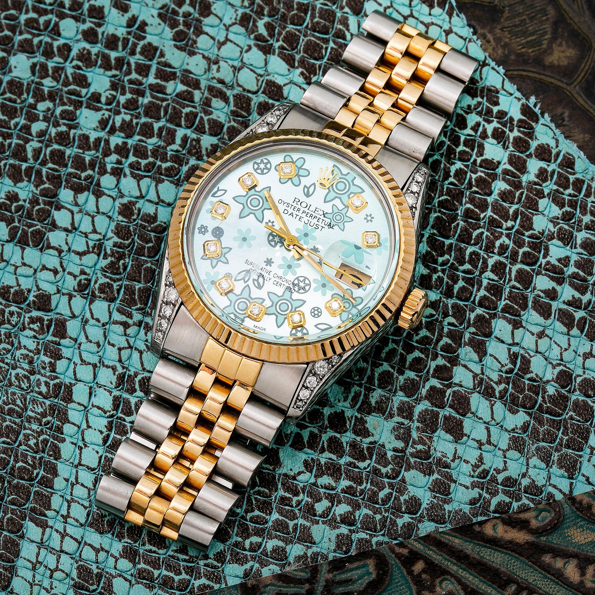 Rolex Datejust 36MM 1601 Ice Blue Floral Diamond Dial Fluted Bezel Two Tone Yellow Gold Jubilee Bracelet