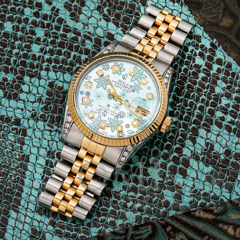 Rolex DateJust 36MM 1601 Flower Turquoise Dial With Two Tone Jubilee Bracelet