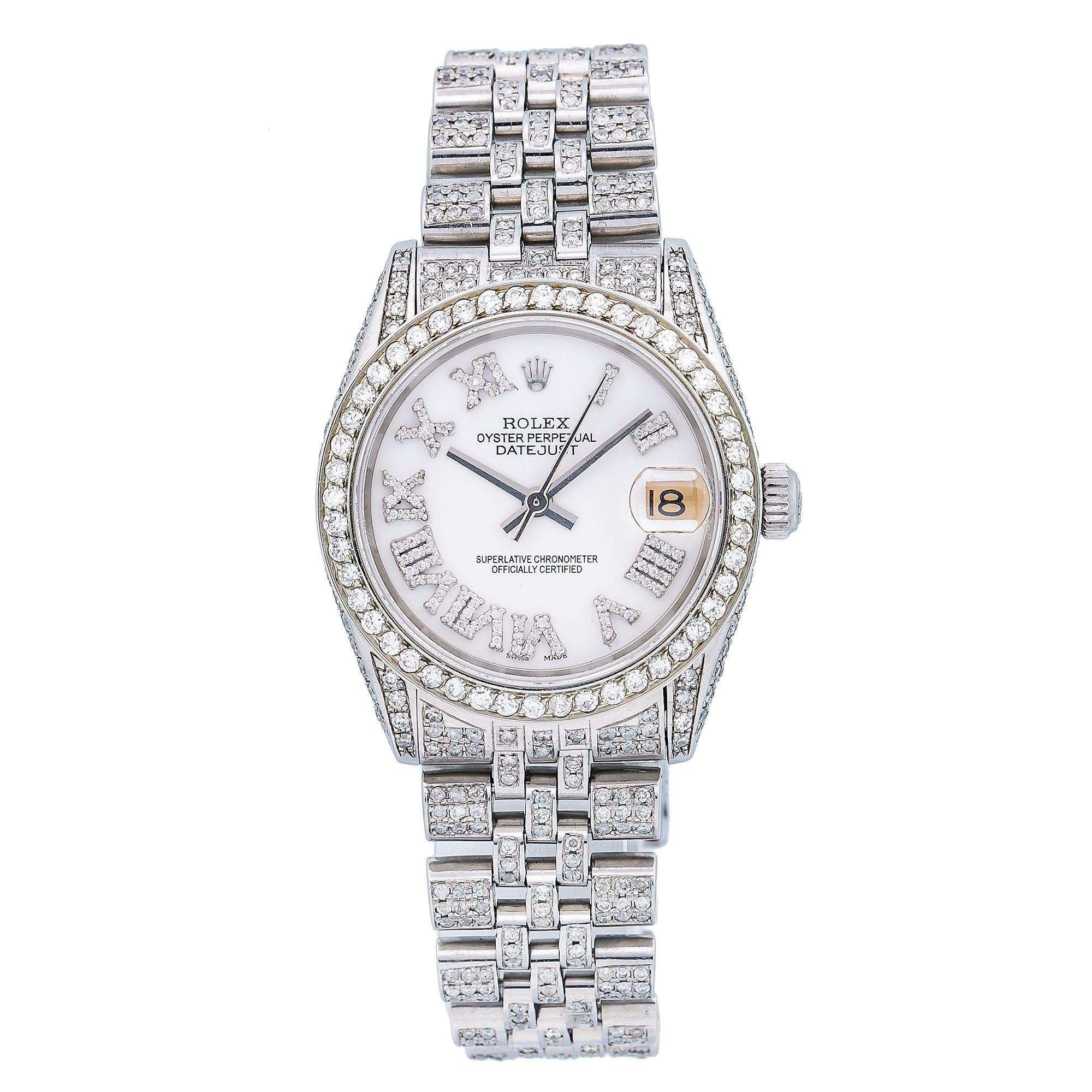 Rolex Datejust 31MM 68274 White Roman Dial Diamond Bezel Full Diamond Oyster Bracelet