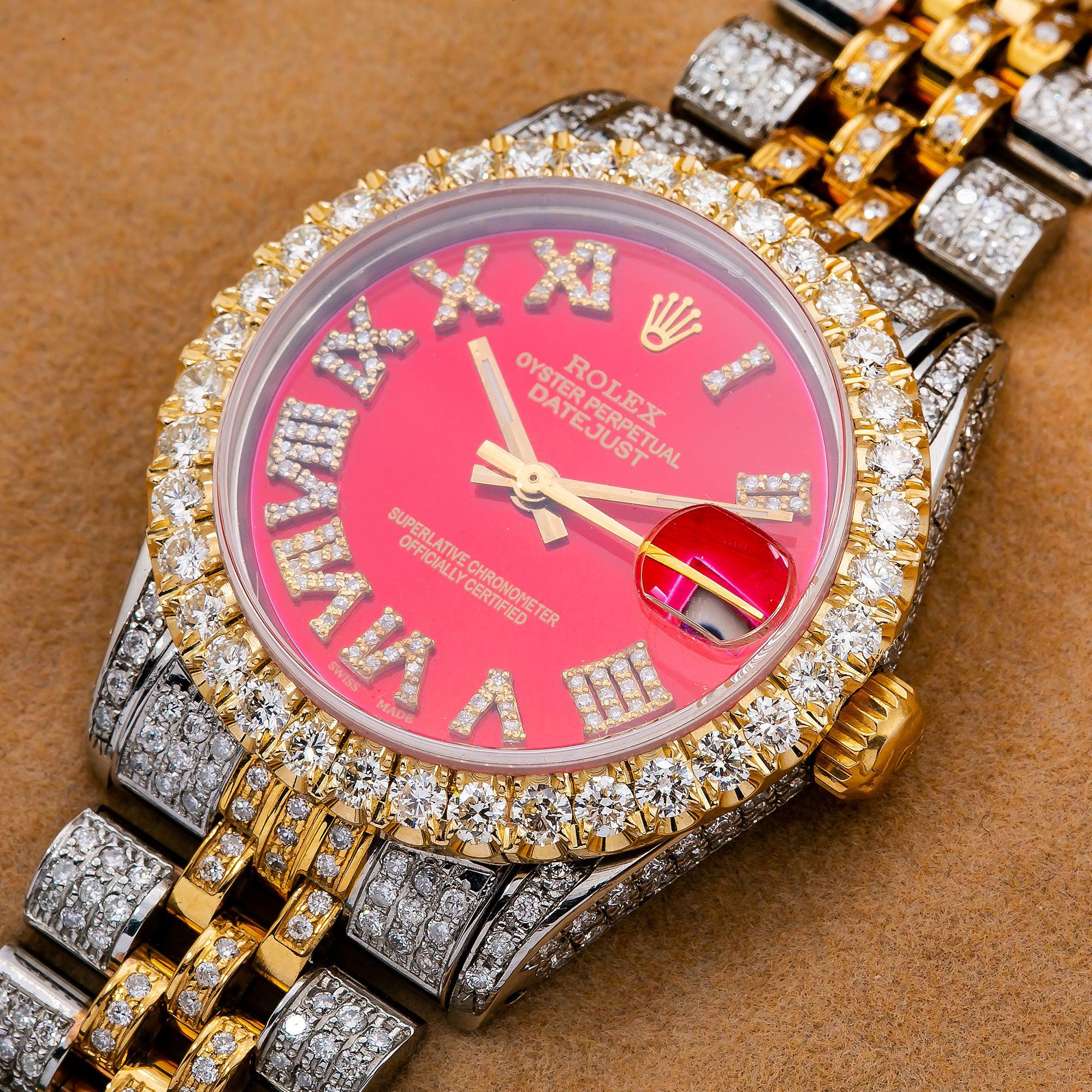 Rolex Datejust 31MM 6827 Red Roman Diamond Dial Diamond Bezel Two Tone Yellow Gold Full Diamond Jubilee Bracelet 7.25ct