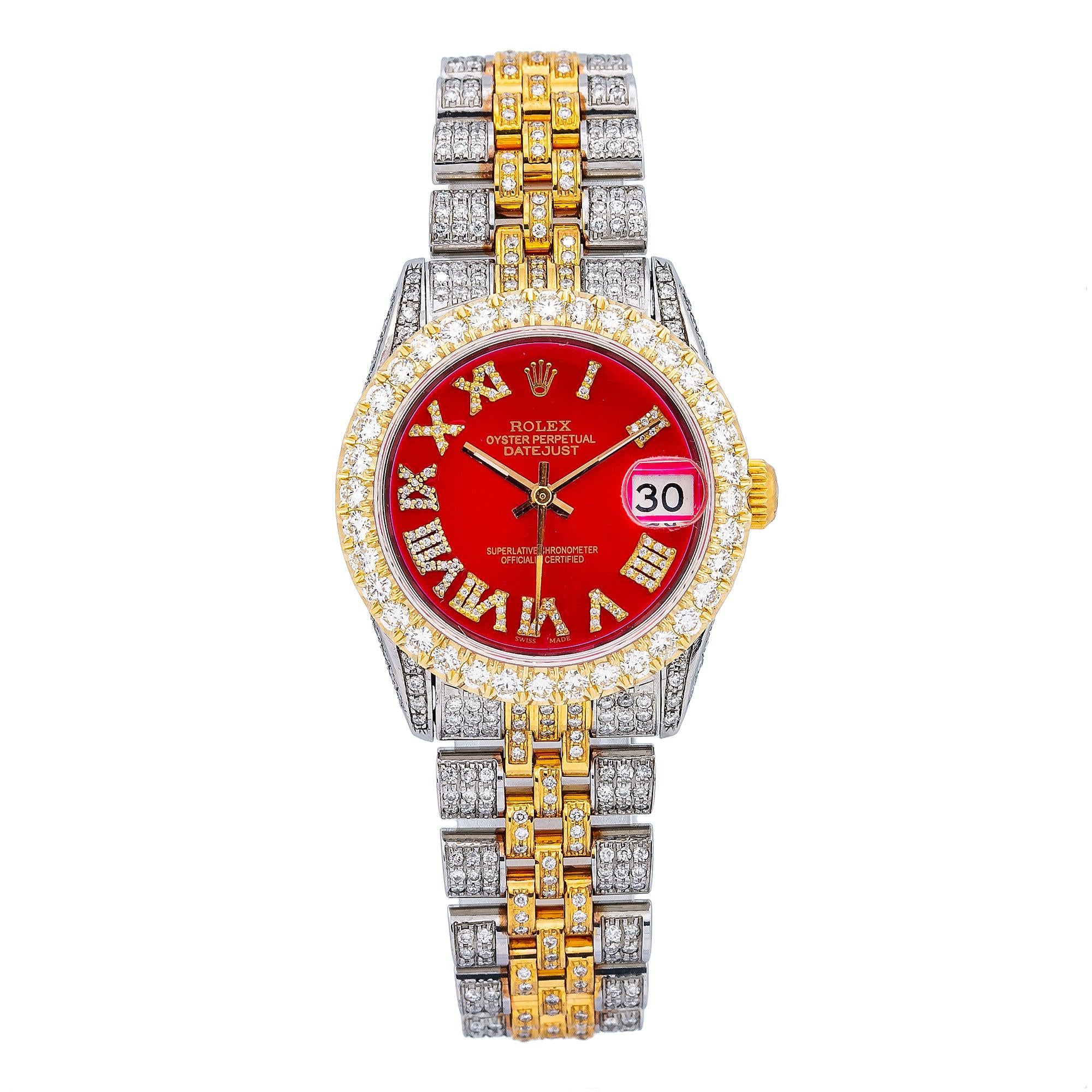 Rolex Datejust 31MM 6827 Red Roman Dial Diamond Bezel Two Tone Full Diamond Jubilee Bracelet 7.25ct