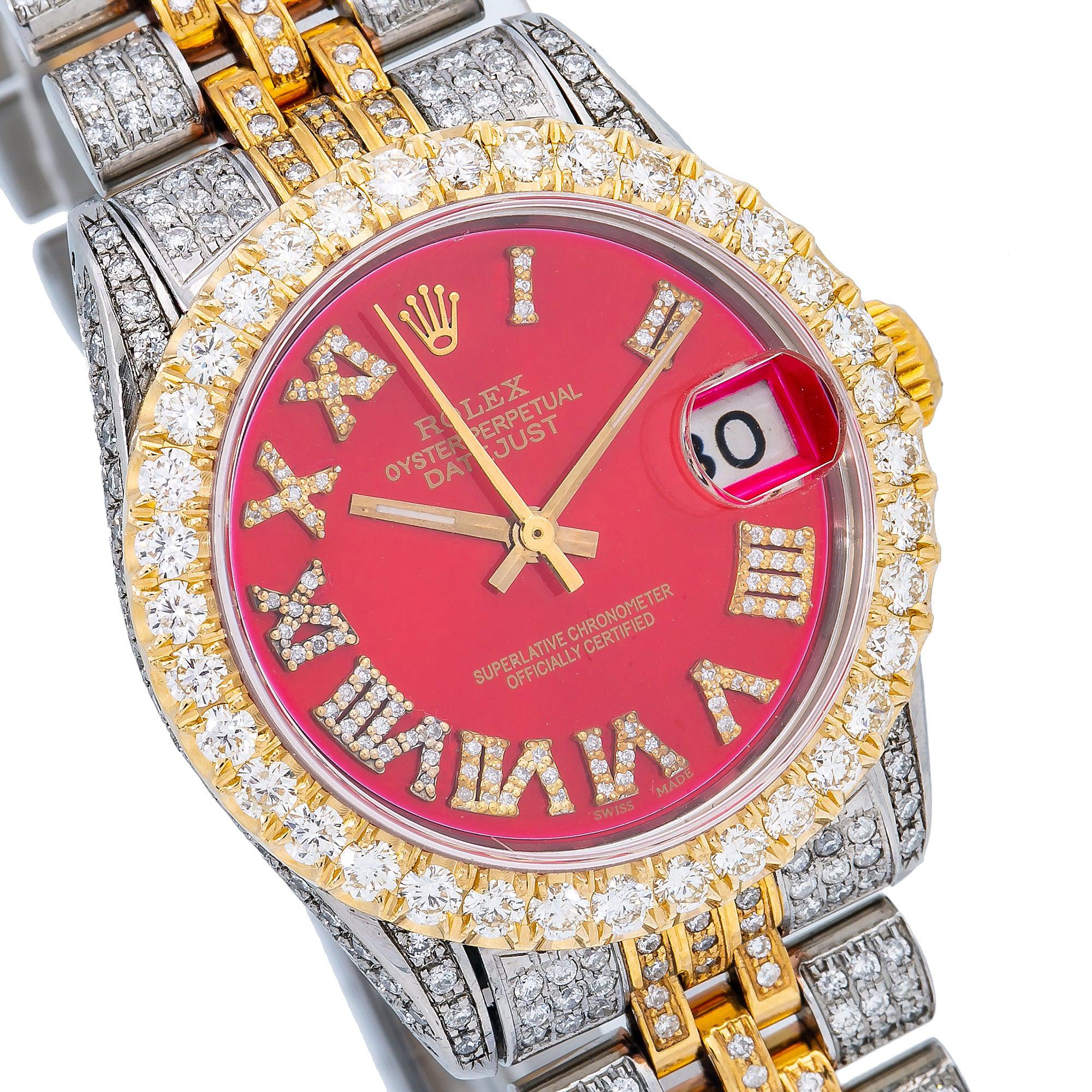 Rolex Datejust 31MM 6827 Red Roman Diamond Dial Diamond Bezel Two Tone Yellow Gold Full Diamond Jubilee Bracelet 7.25ct
