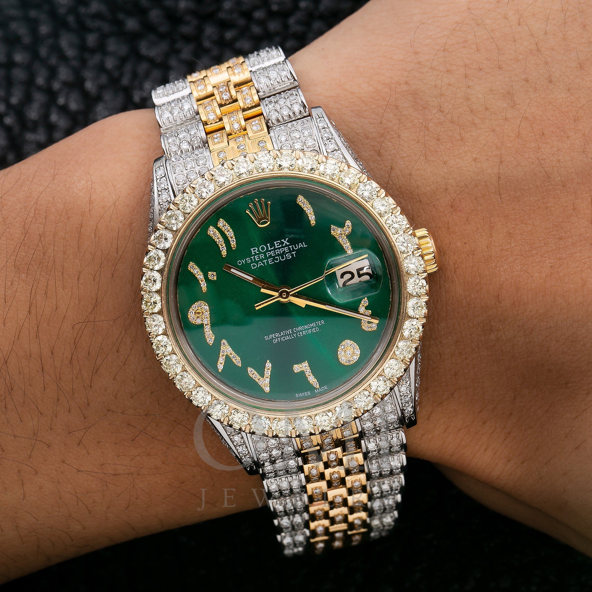 Doven placere med uret Rolex DateJust 1601 36MM Green Arabic Diamond Dial With Two Tone Jubil -  OMI Jewelry