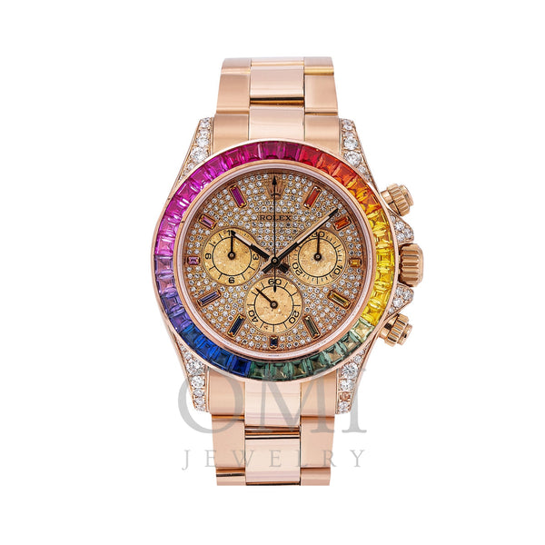 Rolex Daytona Diamond Watch, 116505 40mm, Rainbow Bezel Rose Gold Diamond Dial With Rose Gold Oyster Bracelet