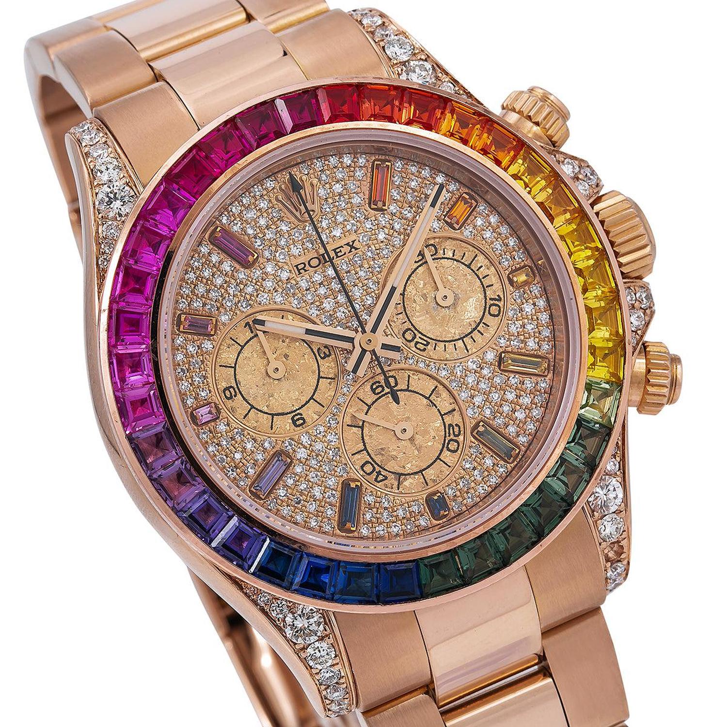 Rolex Cosmograph Daytona 40MM 116505 Diamond Paved Rainbow Hour Dial Rainbow Gemstone Bezel 18K Rose Gold Oyster Bracelet