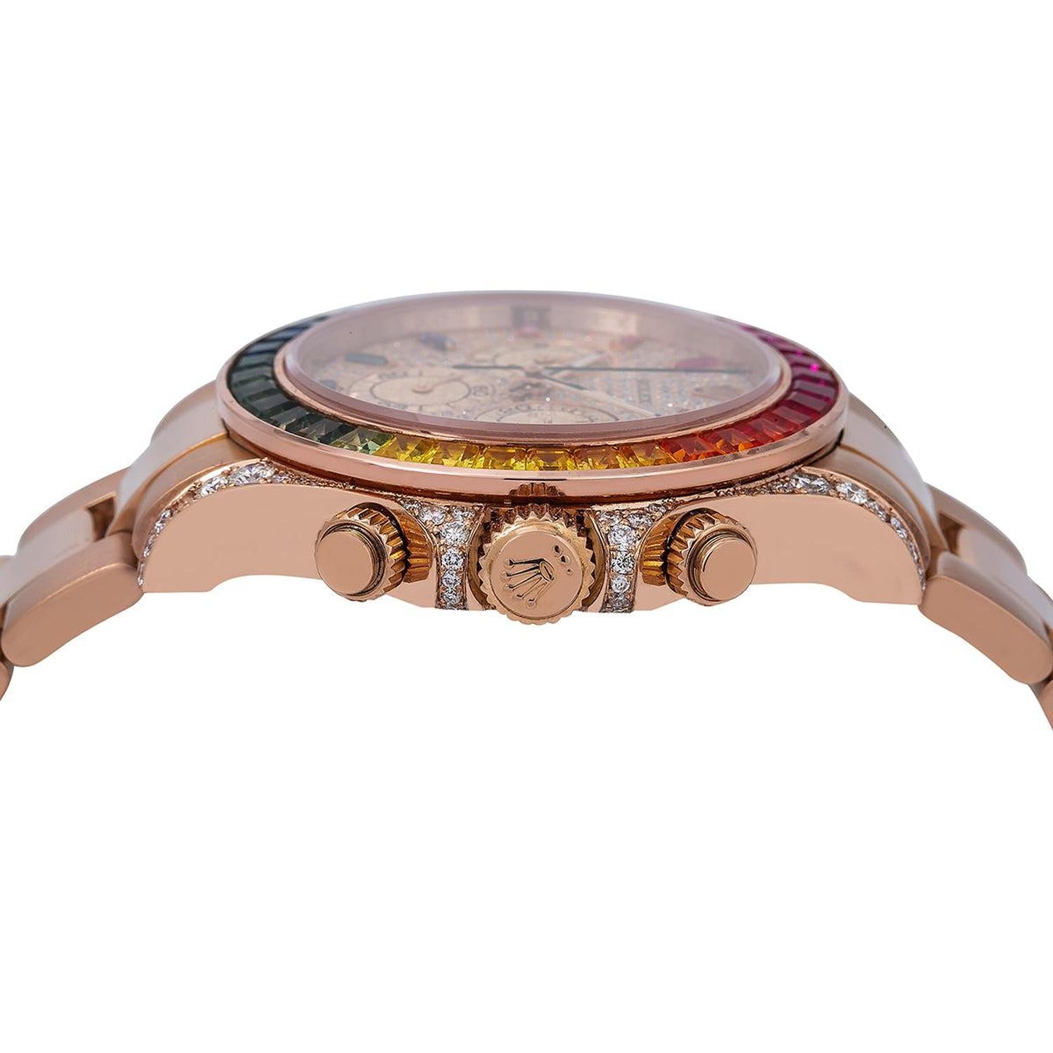 Rolex Cosmograph Daytona 40MM 116505 Diamond Paved Rainbow Hour Dial Rainbow Gemstone Bezel 18K Rose Gold Oyster Bracelet