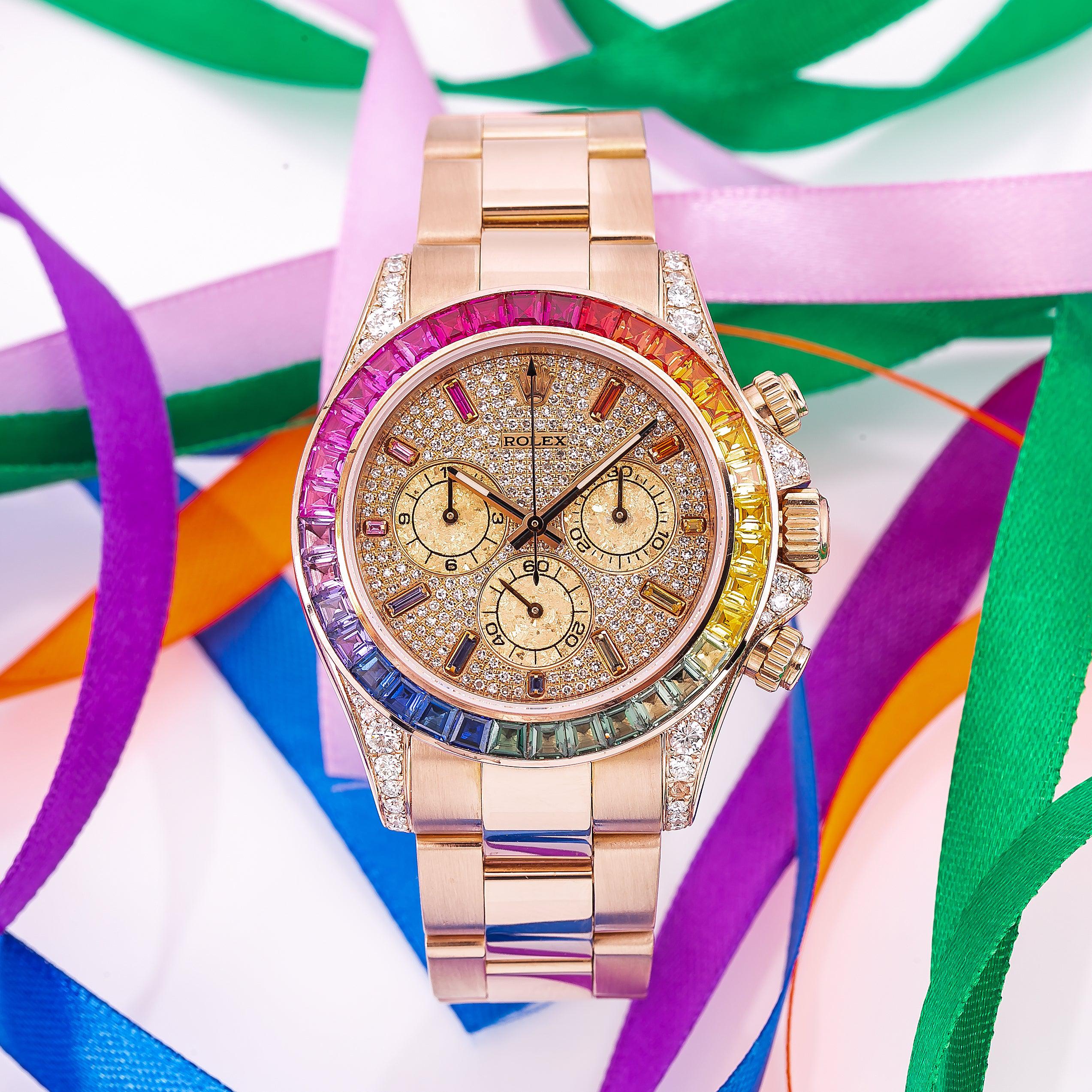 Rolex Cosmograph Daytona 40MM 116505 Diamond Paved Rainbow Hour Dial Rainbow Gemstone Bezel 18K Rose Gold Oyster Bracelet