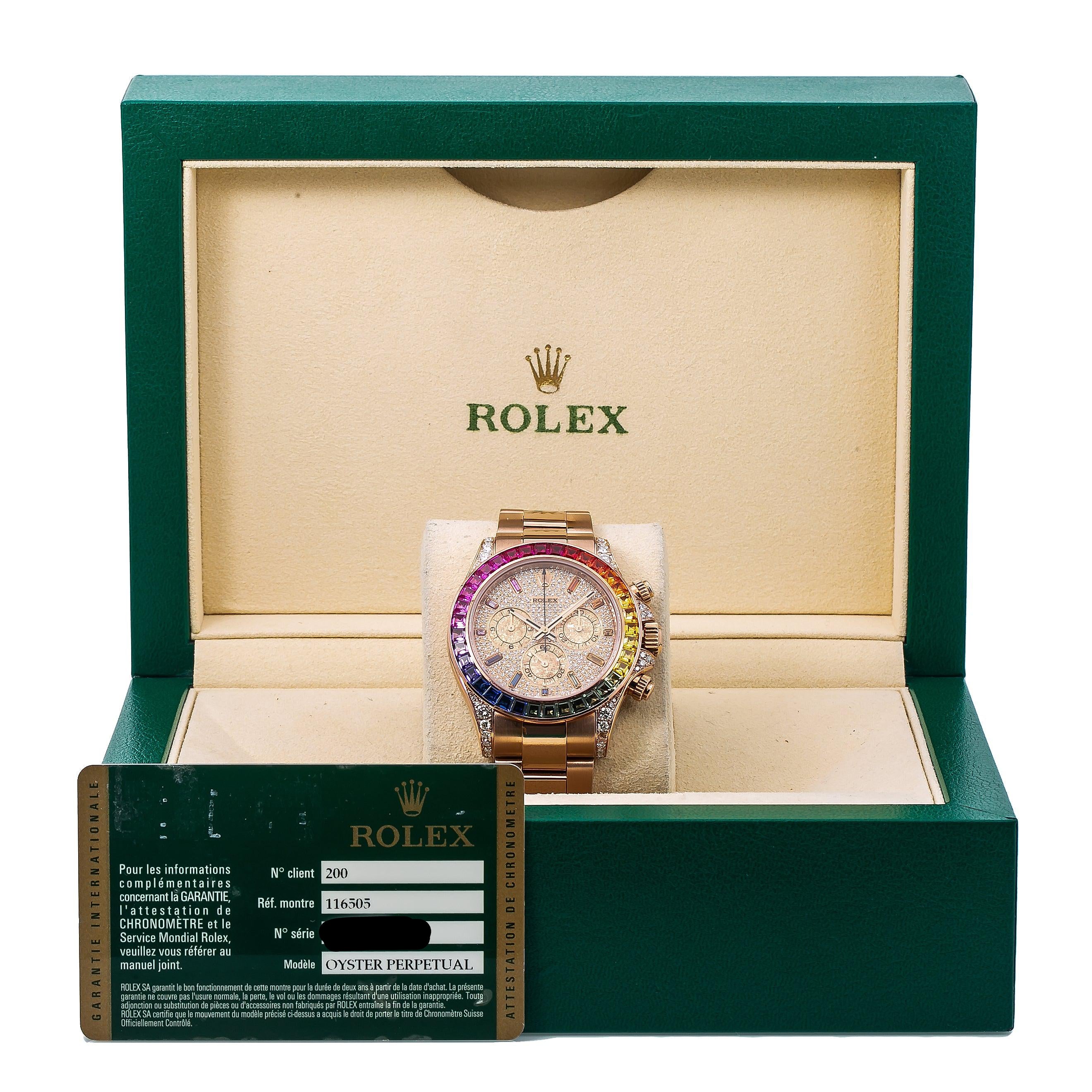 Rolex Cosmograph Daytona 40MM 116505 Diamond Paved Rainbow Hour Dial Rainbow Gemstone Bezel 18K Rose Gold Oyster Bracelet