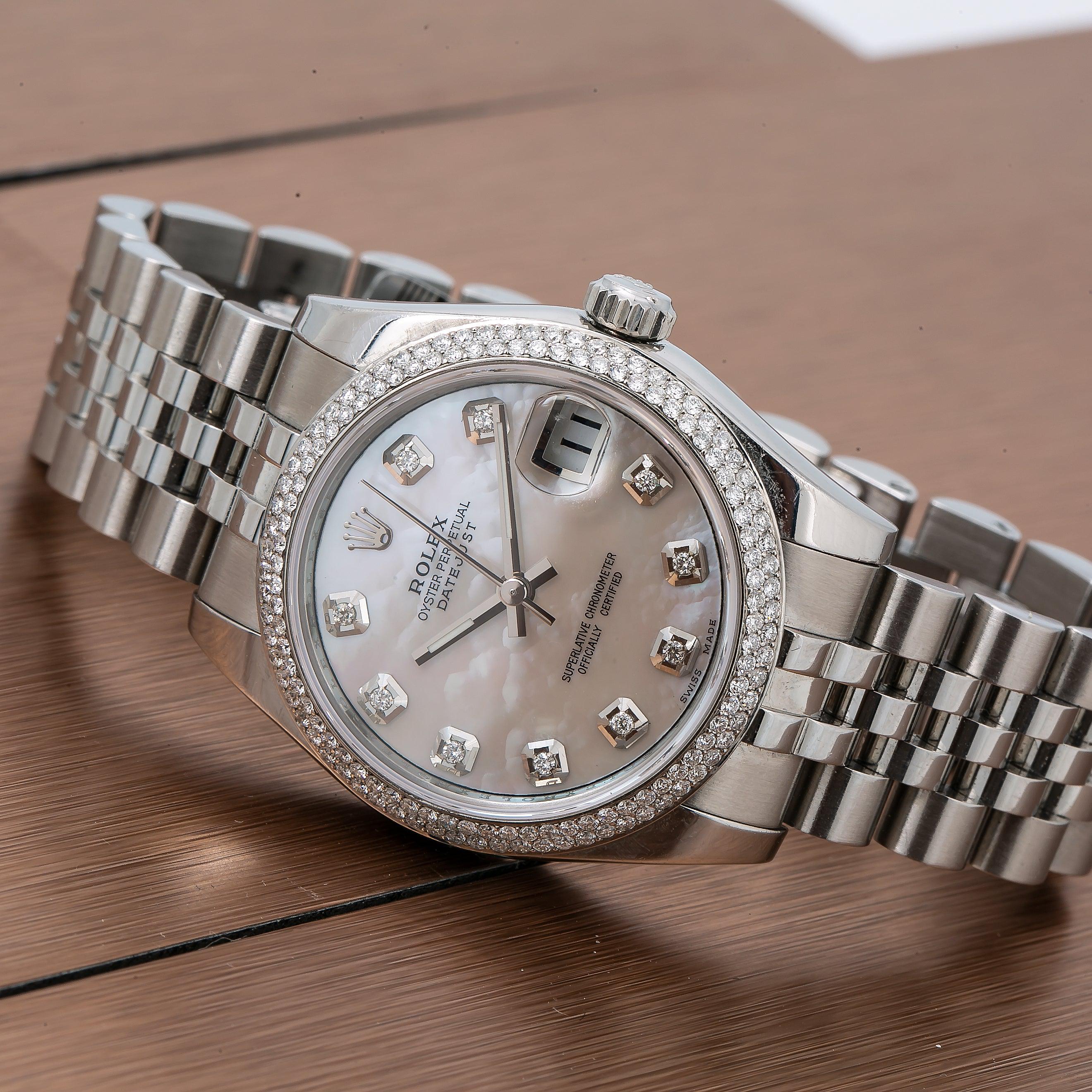 Rolex Datejust 31MM 178240 White Mother of Pearl Diamond Dial Diamond Bezel Stainless Steel Jubilee Bracelet
