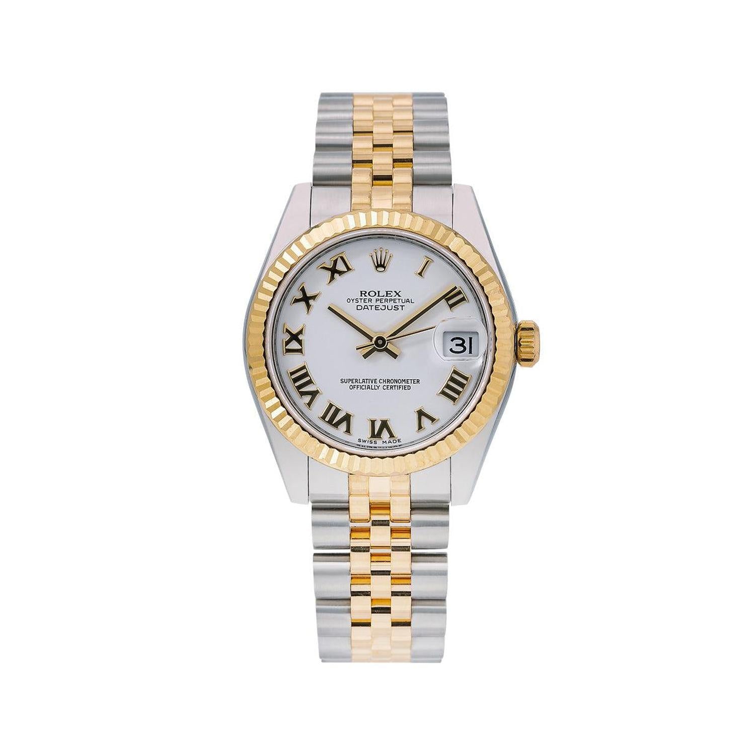 Rolex Datejust 31MM 178273 White Roman Dial Yellow Gold Fluted Bezel Two Tone Jubilee Bracelet
