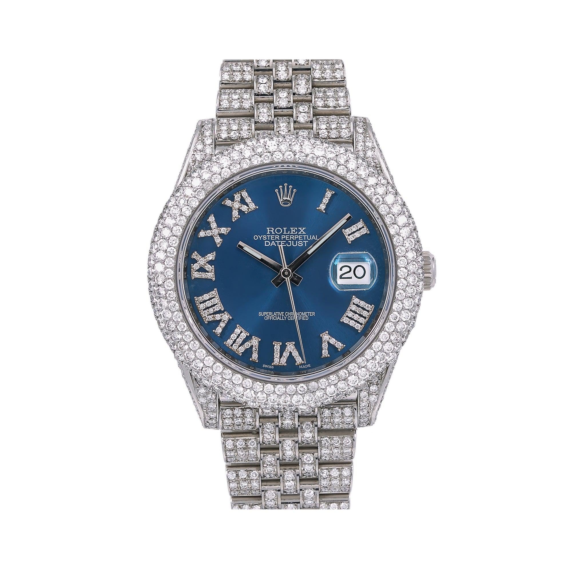 Rolex Datejust 41MM 126300 Blue Roman Dial Diamond Bezel Full Diamond Oyster Bracelet
