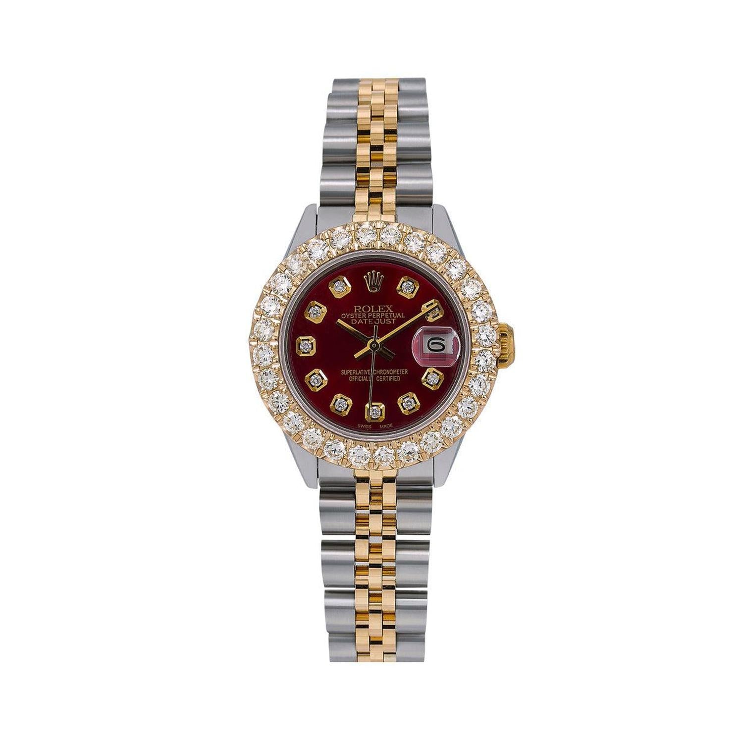 Rolex Datejust 26MM 6917 Red Diamond Dial Diamond Bezel Two Tone Jubilee Bracelet