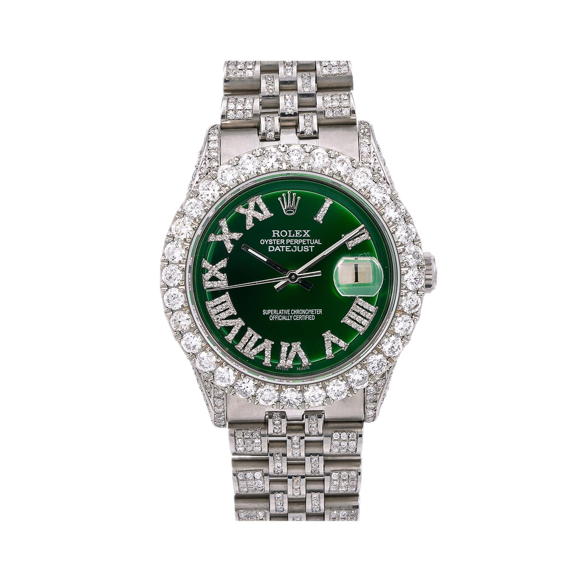 Rolex Datejust 36MM 1601 Green Roman Dial Diamond Bezel Full Diamond Oyster Bracelet 8.25ct