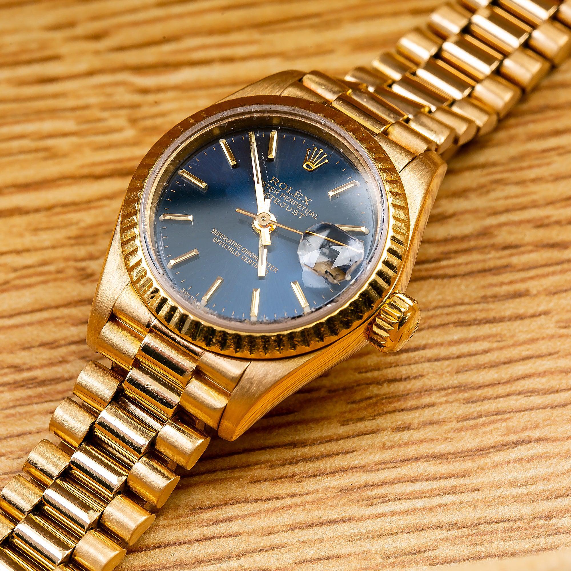 Rolex Datejust 26MM 69178 Blue Dial Fluted Bezel 18K Yellow Gold President Bracelet