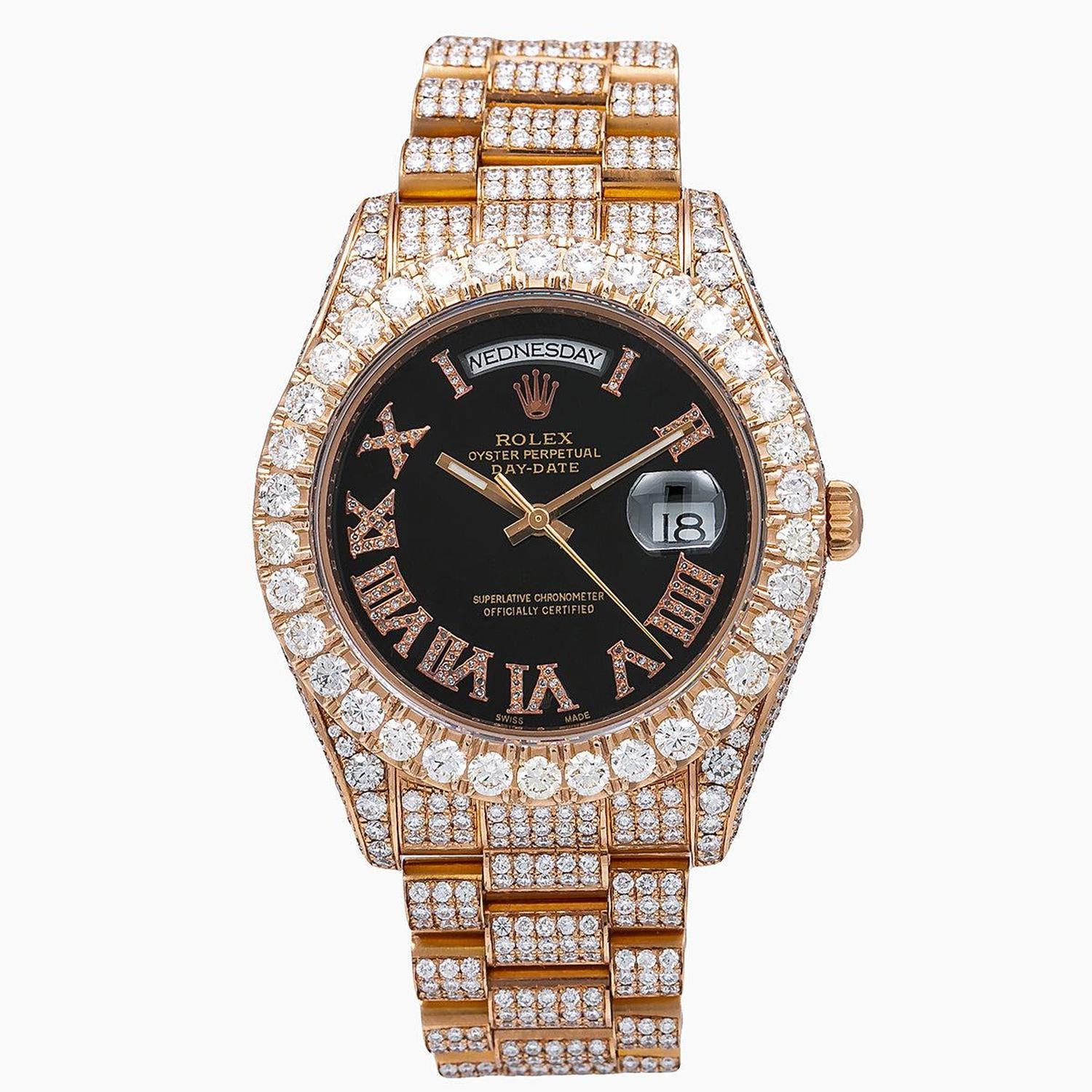 Rolex Day-Date II 41MM 218235 Black Roman Dial Diamond Bezel 18K Rose Gold Full Diamond President Bracelet 25.75ct