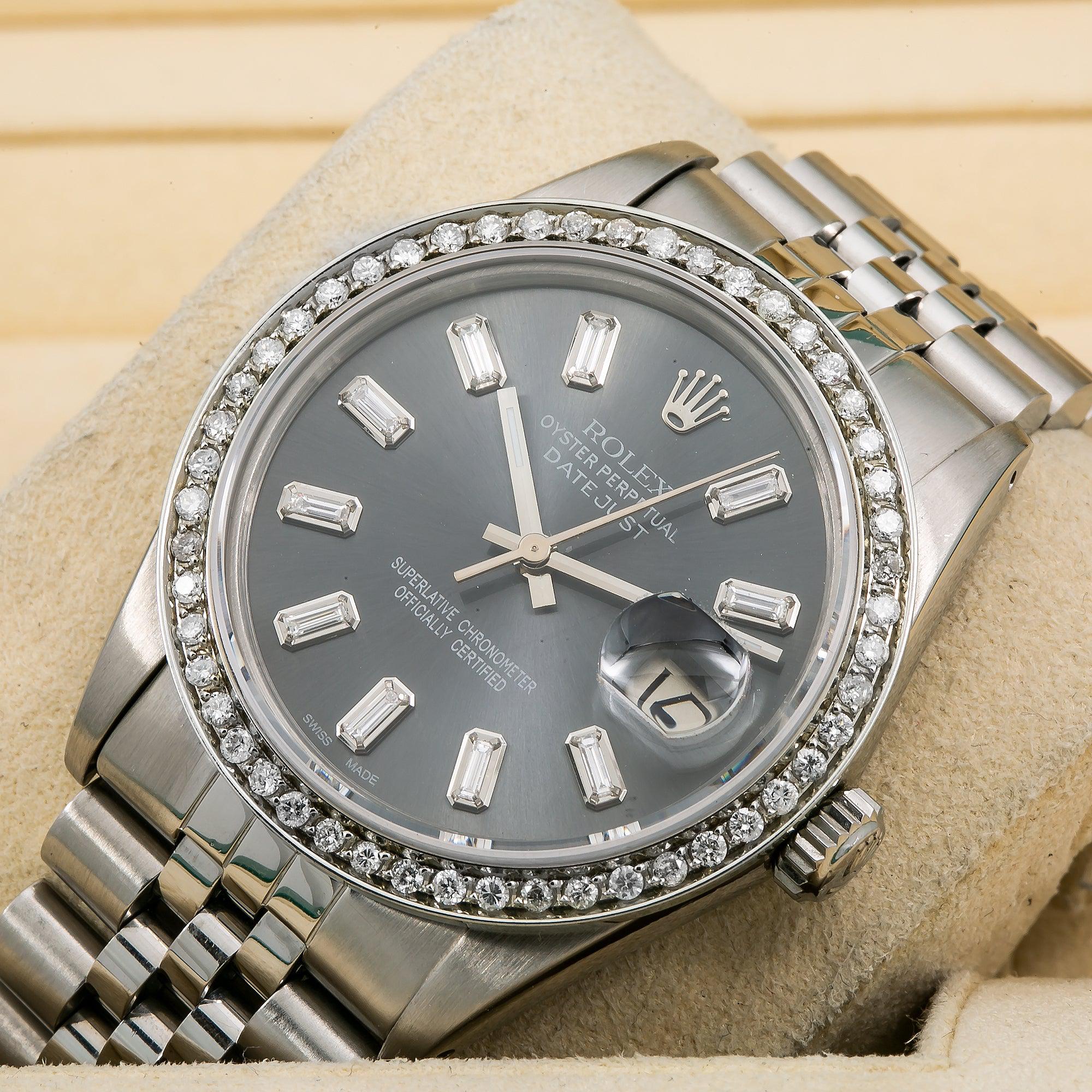 Rolex Datejust 36MM 16014 Black Baguette Diamond Dial Diamond Bezel Stainless Steel Jubilee Bracelet 1.2ct
