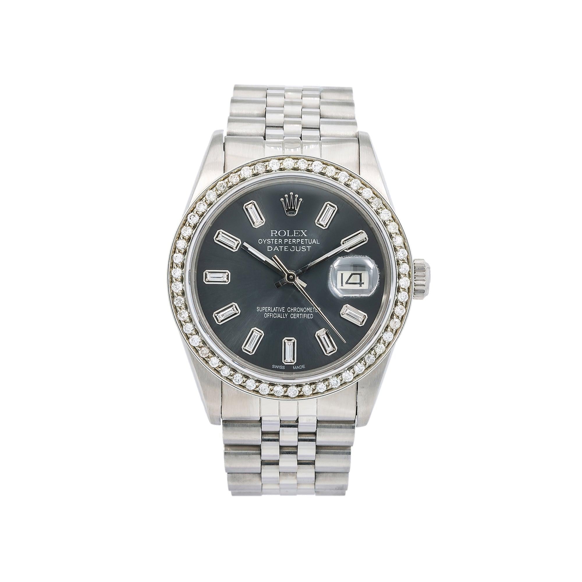 Rolex Datejust 36MM 16014 Black Baguette Diamond Dial Diamond Bezel Stainless Steel Jubilee Bracelet 1.2ct