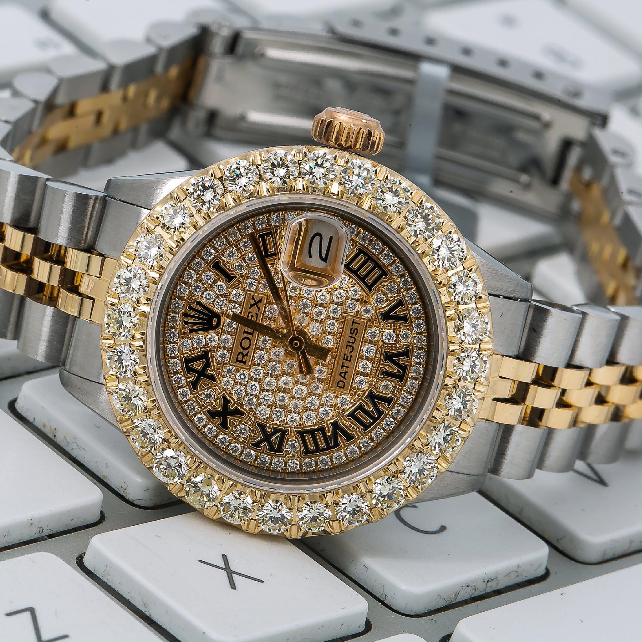 Rolex Datejust 26MM 6917 Diamond Paved Roman Dial Diamond Bezel Two Tone Yellow Gold Jubilee Bracelet