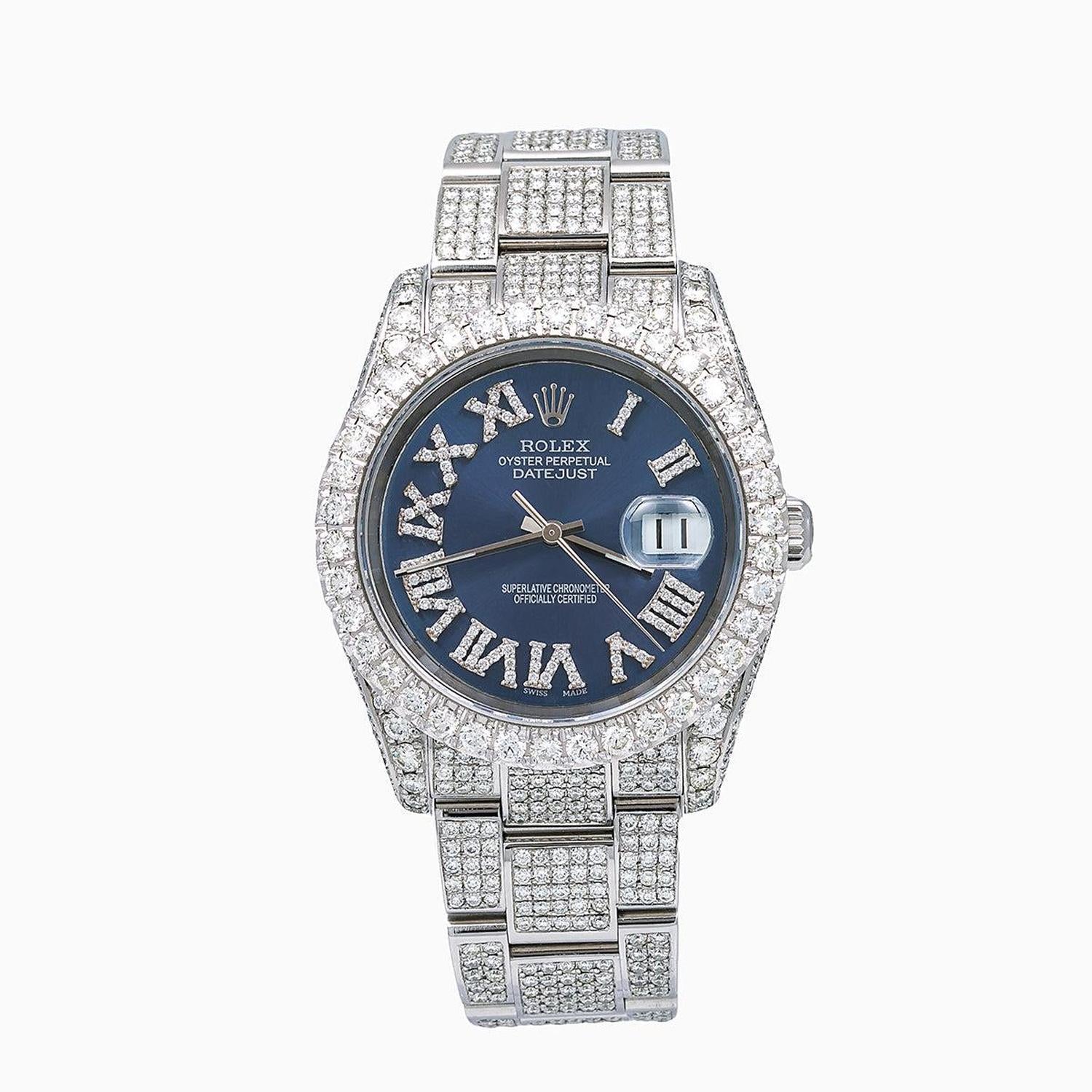Rolex Datejust 36MM 116234 Blue Roman Dial Diamond Bezel Full Diamond Oyster Bracelet 14.75ct