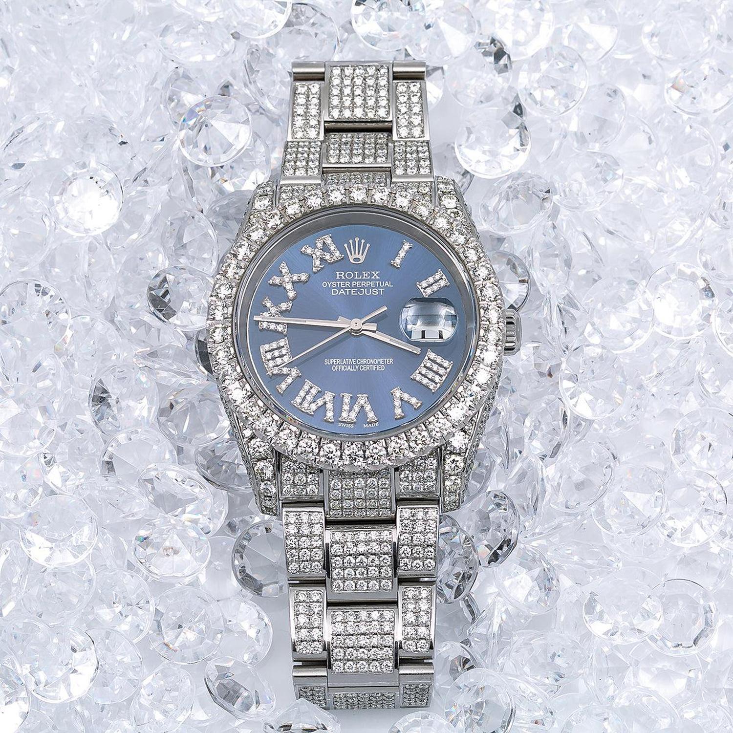 Rolex Datejust 36MM 116234 Blue Roman Diamond Dial Diamond Bezel Stainless Steel Full Diamond Oyster Bracelet 14.75ct
