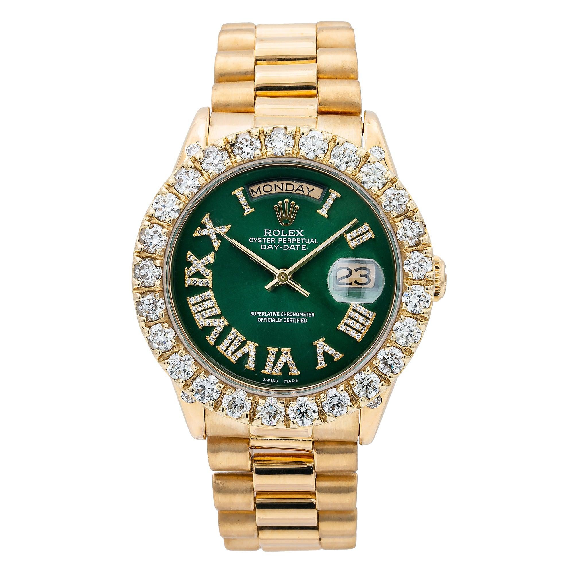 Rolex Day-Date 36MM 18038 Green Roman Dial Diamond Bezel 18K Yellow Gold President Bracelet 5.5ct